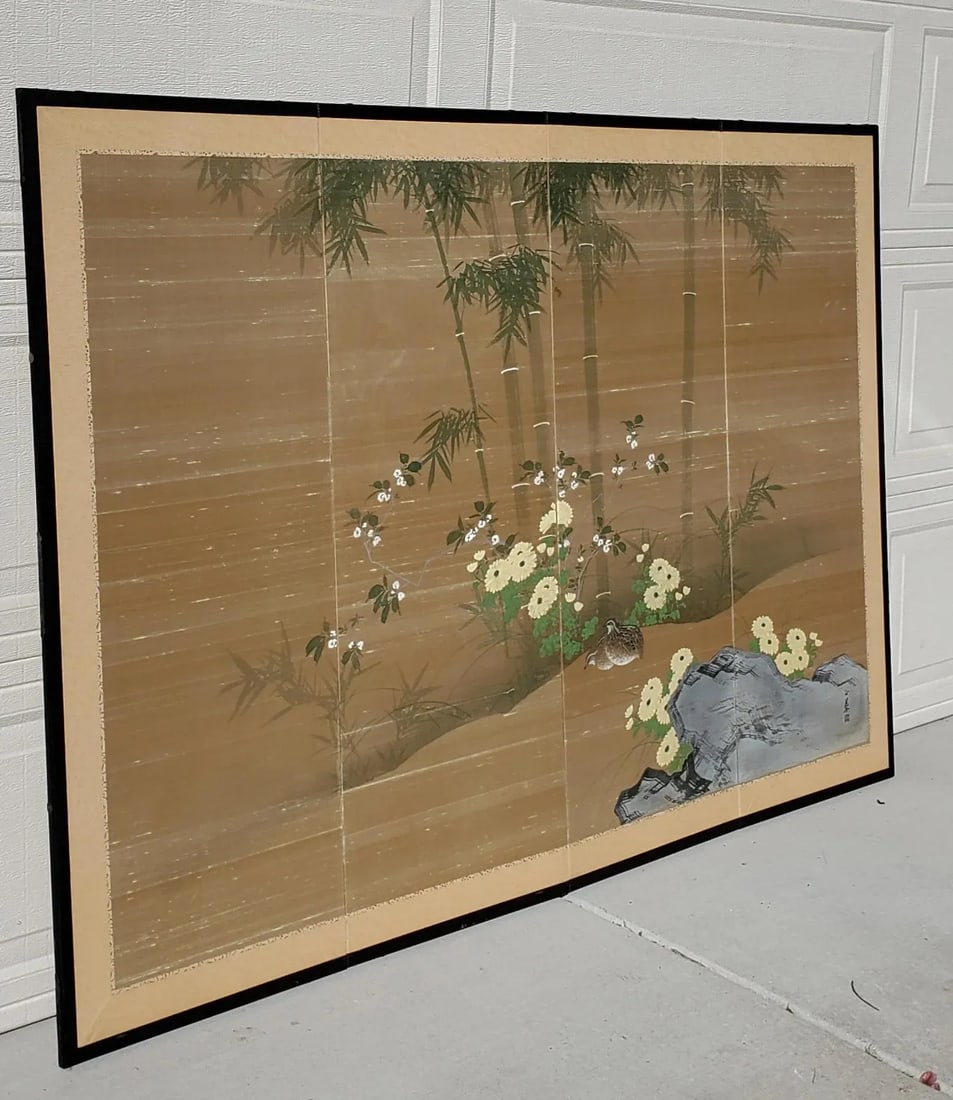 Antique Japanese Silk Screen Four-Panel Byobu Landscape With Two Quails, Chrysanthemums and Bamboo - 7