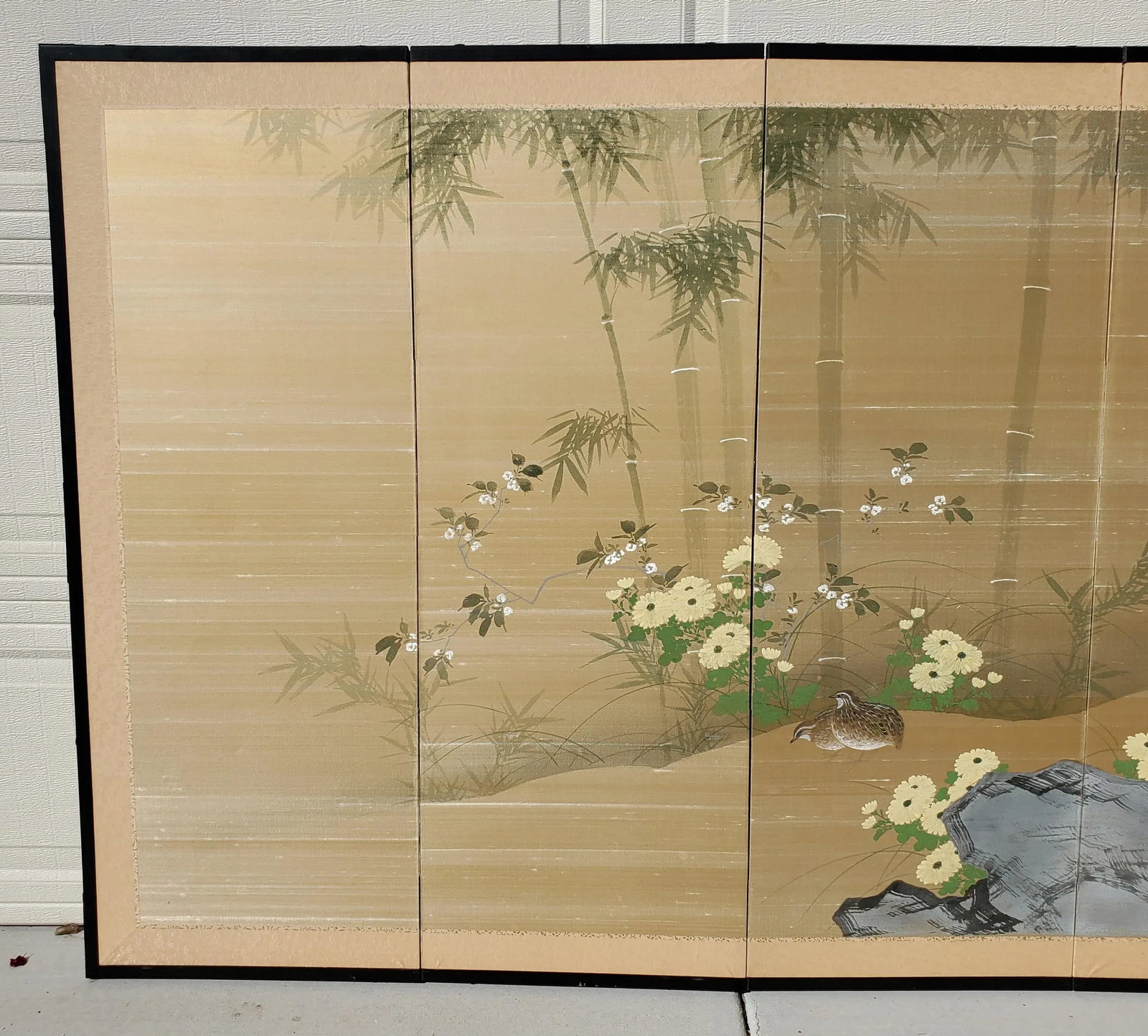 Antique Japanese Silk Screen Four-Panel Byobu Landscape With Two Quails, Chrysanthemums and Bamboo - 8