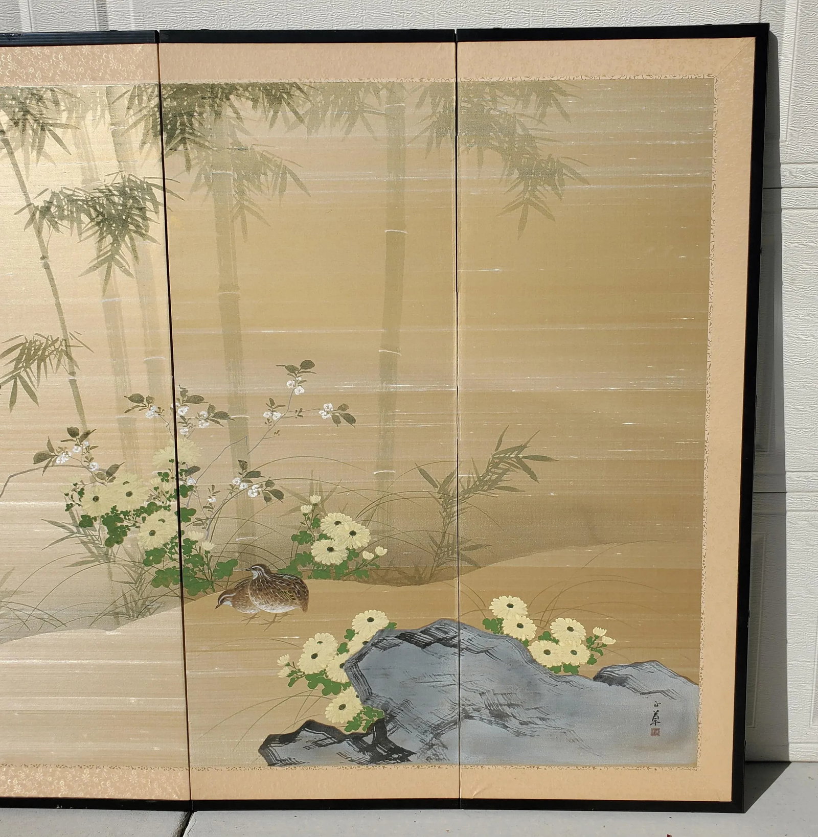 Antique Japanese Silk Screen Four-Panel Byobu Landscape With Two Quails, Chrysanthemums and Bamboo - 9