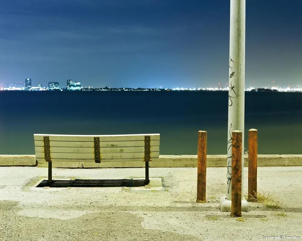 Contemporary Night Photograph "Bench and Poles" by John Vias (1 of 2)