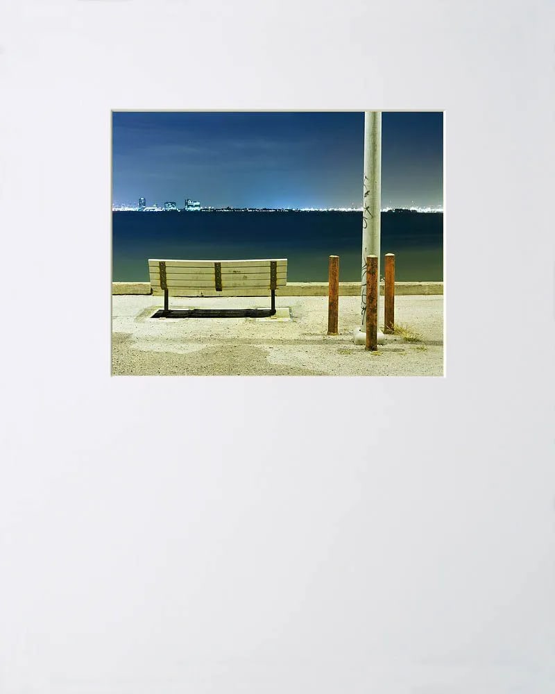 Contemporary Night Photograph "Bench and Poles" by John Vias - 2