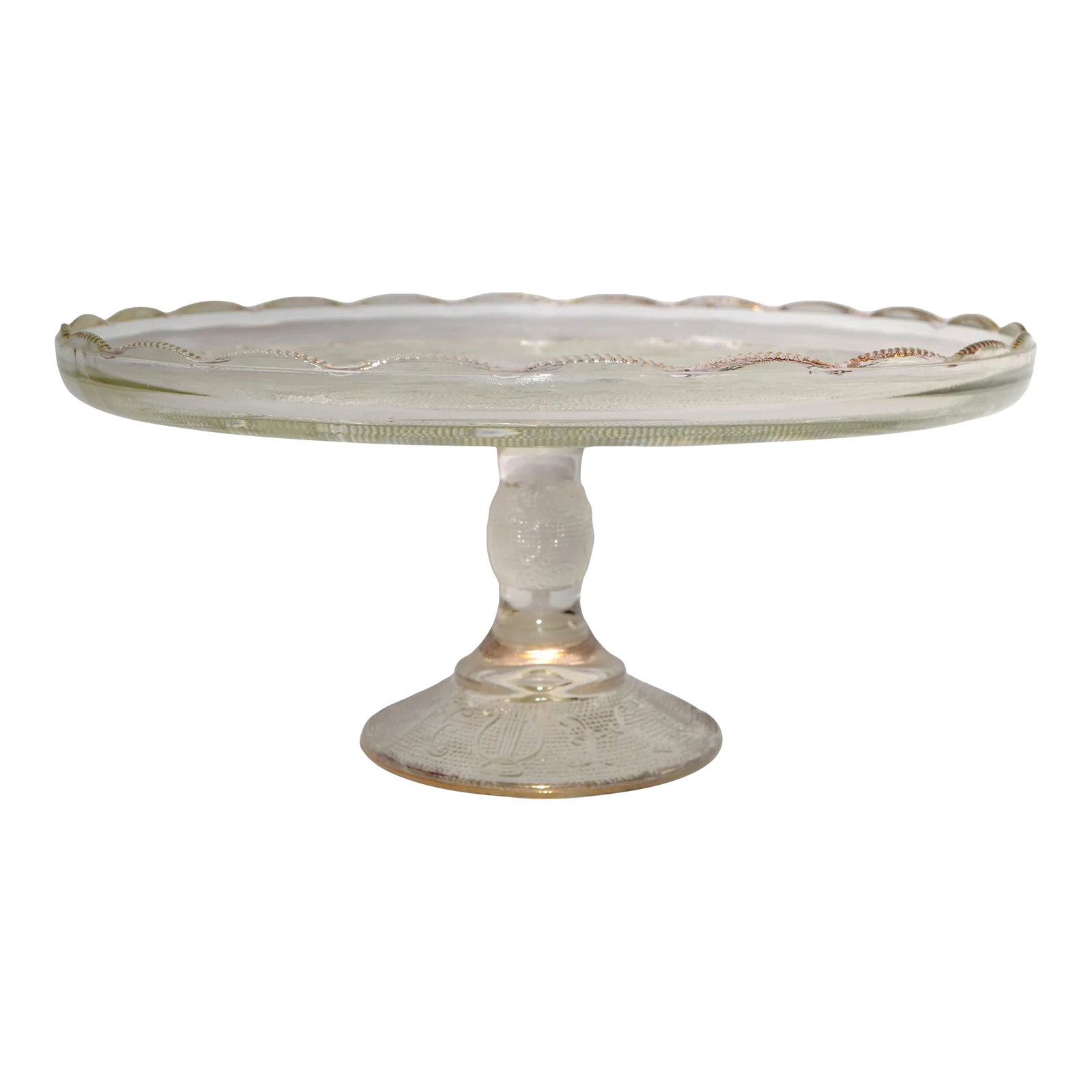 1950s Art Deco Style Crystal Gold Ruffled Edge Pedestal Cake Stand Musical Instruments: Jeannette Glass Art Deco Style Feminine crystal and Gold Leaf ruffled edge pedestal cake stand. Decorated with Musical Harp Instruments and hobnail design. Sturdy for the intensely decorated cakes.