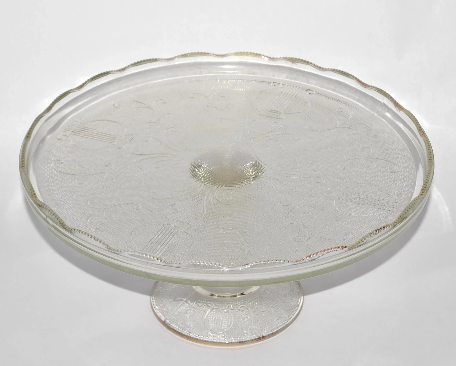 1950s Art Deco Style Crystal Gold Ruffled Edge Pedestal Cake Stand Musical Instruments - 2