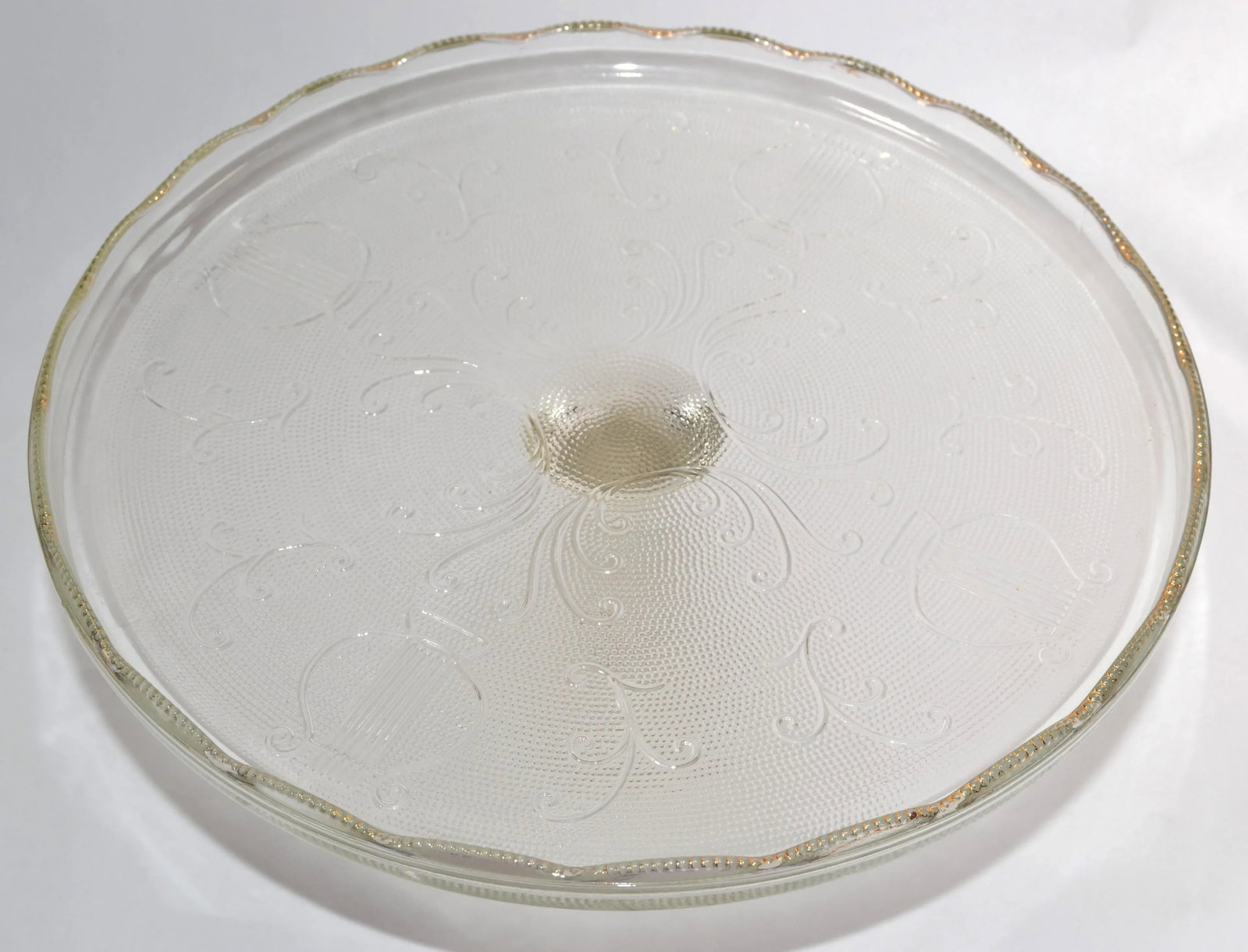 1950s Art Deco Style Crystal Gold Ruffled Edge Pedestal Cake Stand Musical Instruments - 8