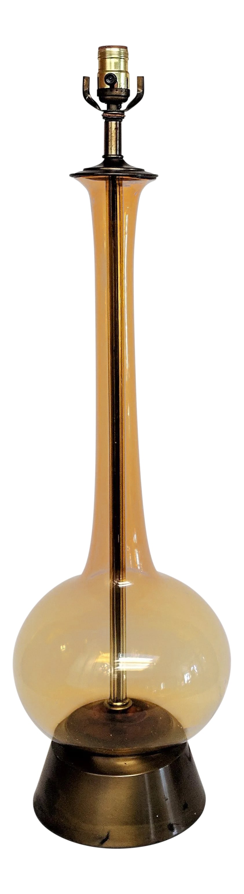 1950s Amber Murano Glass Lamp Italian: Murano glass amber Lamp. Note: Shade, harp, and finial not included Condition: Alterations: Original Condition Unaltered Imperfections: Some Imperfections Condition Notes: Good vintage condition. Tarn