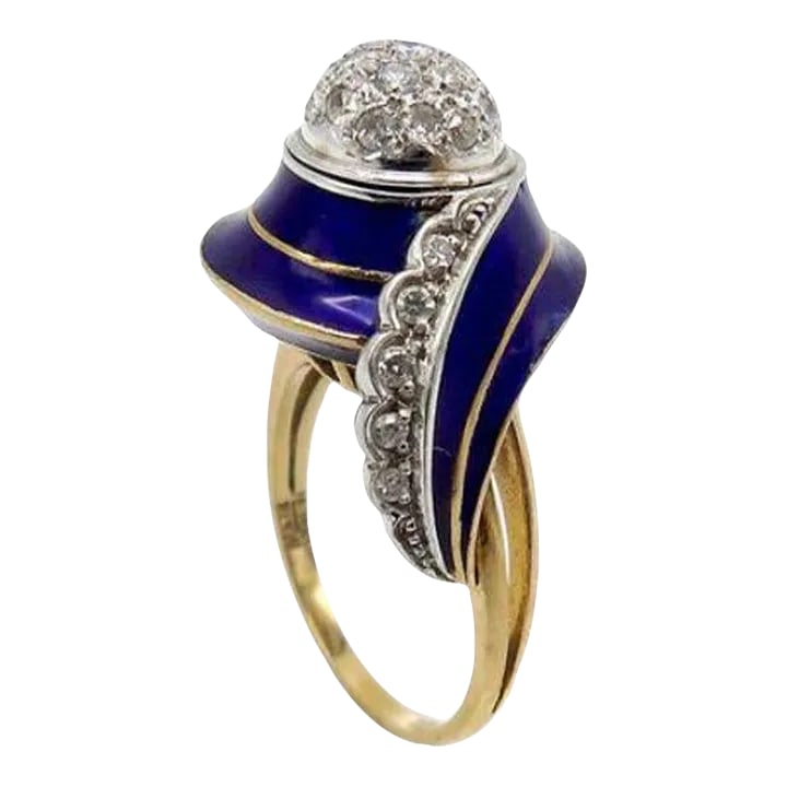 Art Deco 18K White and Yellow Gold, Blue Enamel, and Diamond Ring Size 7.5: This is part of Chairish's Fine Jewelry assortment. This is a gorgeous 18k white and yellow gold ring, made in Italy in the Art Deco period. The shape of this ring is quite unique, with a yellow gold
