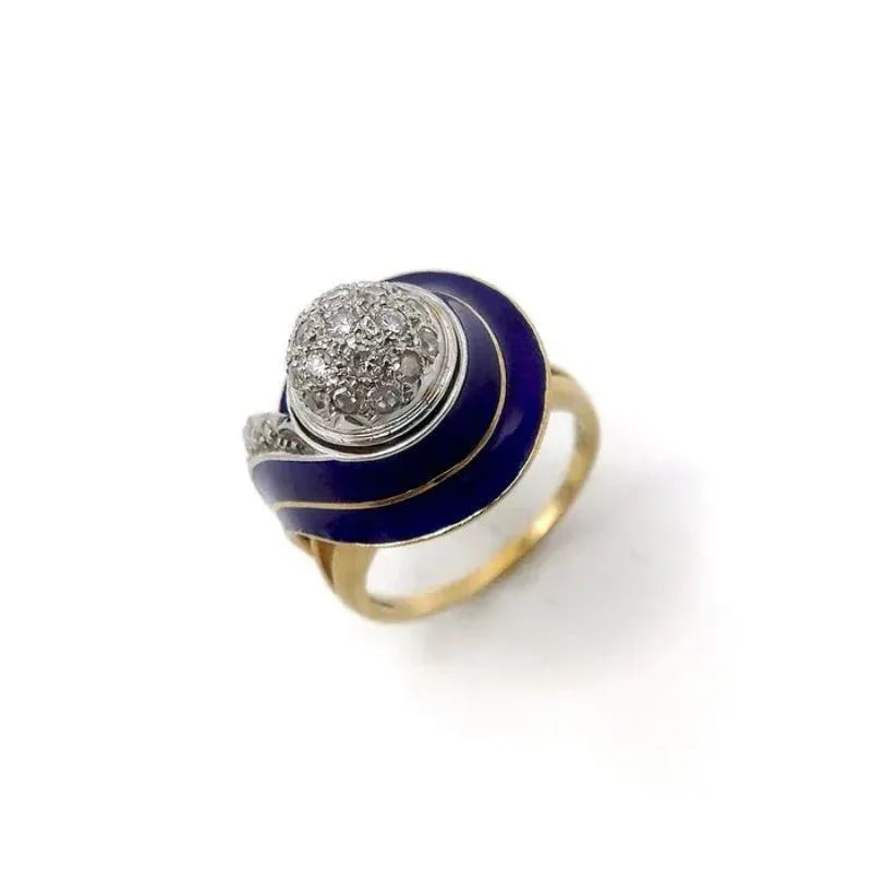 Art Deco 18K White and Yellow Gold, Blue Enamel, and Diamond Ring Size 7.5 - 2