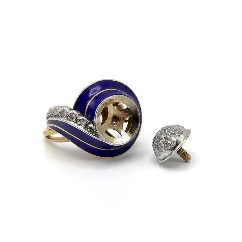 Art Deco 18K White and Yellow Gold, Blue Enamel, and Diamond Ring Size 7.5 - 3