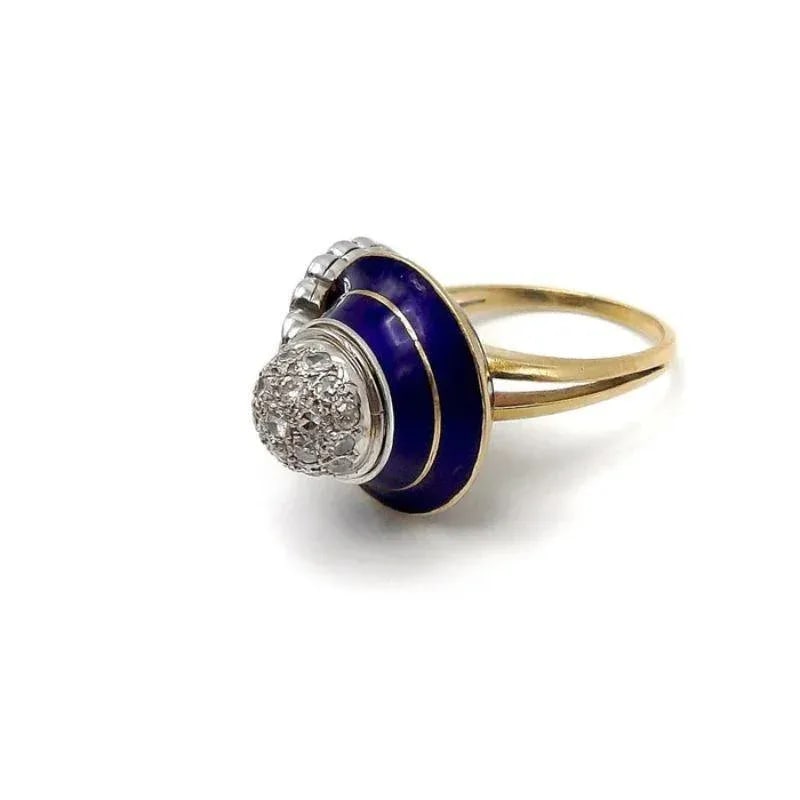 Art Deco 18K White and Yellow Gold, Blue Enamel, and Diamond Ring Size 7.5 - 4