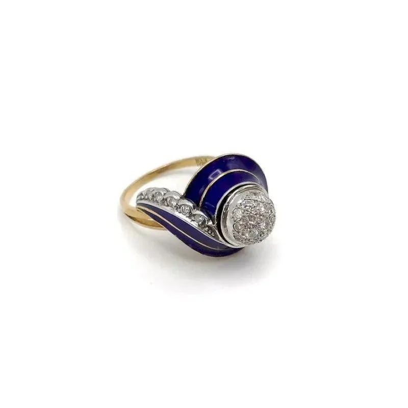 Art Deco 18K White and Yellow Gold, Blue Enamel, and Diamond Ring Size 7.5 - 5