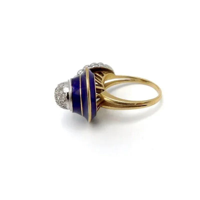 Art Deco 18K White and Yellow Gold, Blue Enamel, and Diamond Ring Size 7.5 - 6