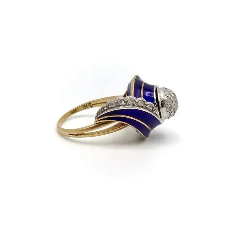 Art Deco 18K White and Yellow Gold, Blue Enamel, and Diamond Ring Size 7.5 - 7