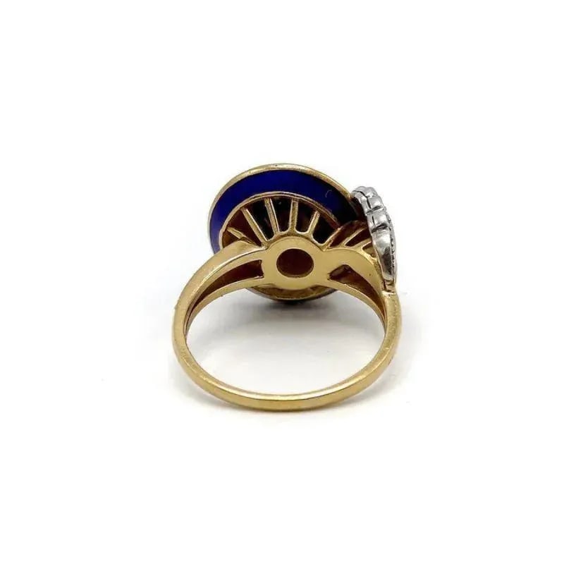 Art Deco 18K White and Yellow Gold, Blue Enamel, and Diamond Ring Size 7.5 - 8