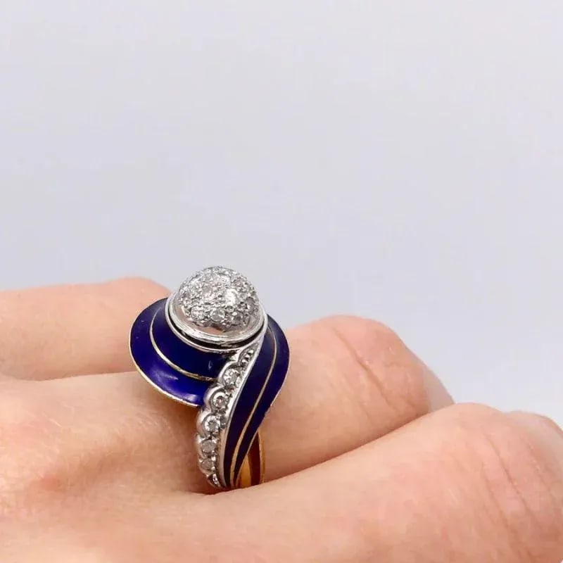 Art Deco 18K White and Yellow Gold, Blue Enamel, and Diamond Ring Size 7.5 - 9