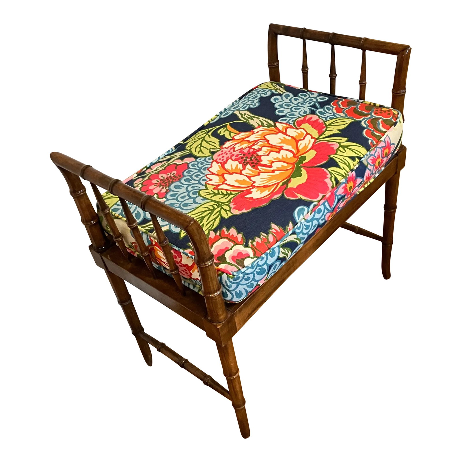 1960s Baker Faux Bamboo Bench: Vintage Faux bamboo bench with new Thibaut navy Honshu fabric. Great condition. Sturdy with some minor discoloration in the stain finish. The seat is hard upholstered. It is a boxed cushion sewn onto