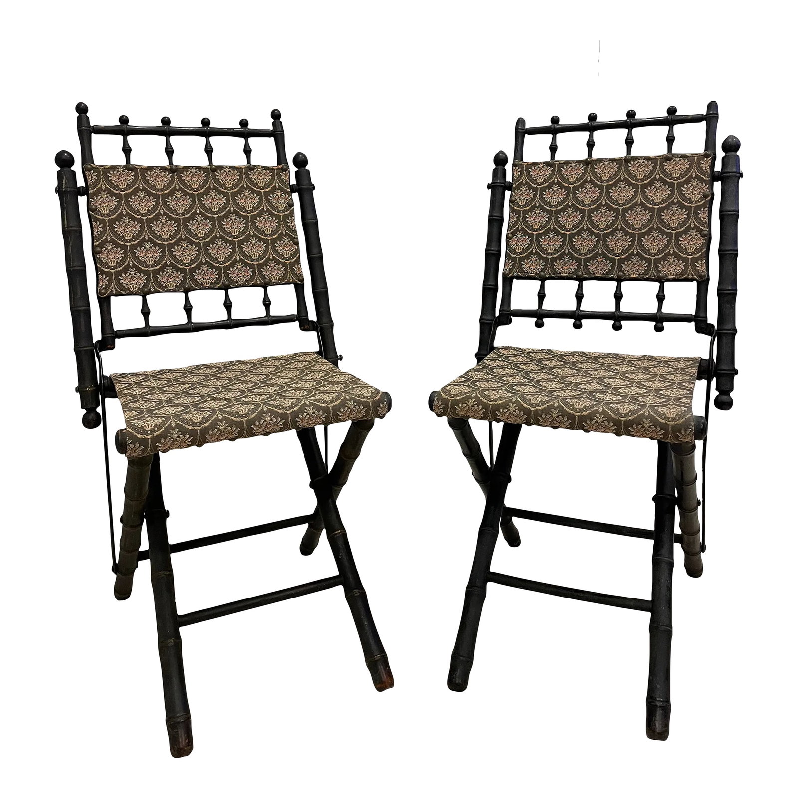 Late 19th Century E. W. Vail Civil War Folding Camp Chair - Set of 2: Civil war folding camp chair with damask tapestry. Underside of chair it is a manufacture's paper label: E. W. Vail Patentee and Manufacture - Worcester - Mass. - Patented January 1863 Condition: