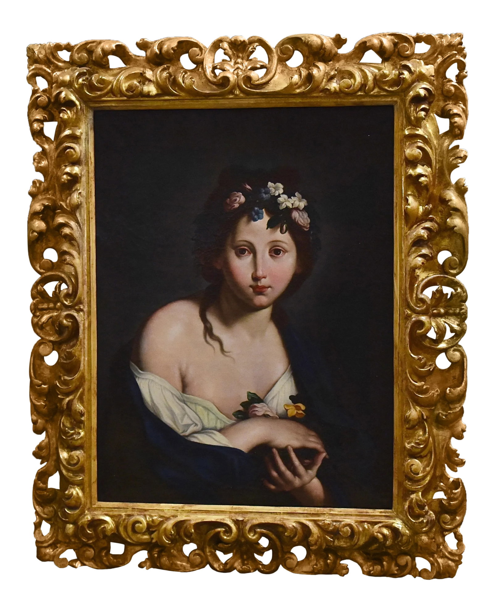 Early 19th C. Italian Portrait of a Girl: 18th c. Italian Portrait of lady with original Baroque giltwood frame 39"H 33"W Condition: Alterations: Original Condition Unaltered Imperfections: Some Imperfections Condition Notes: excellent