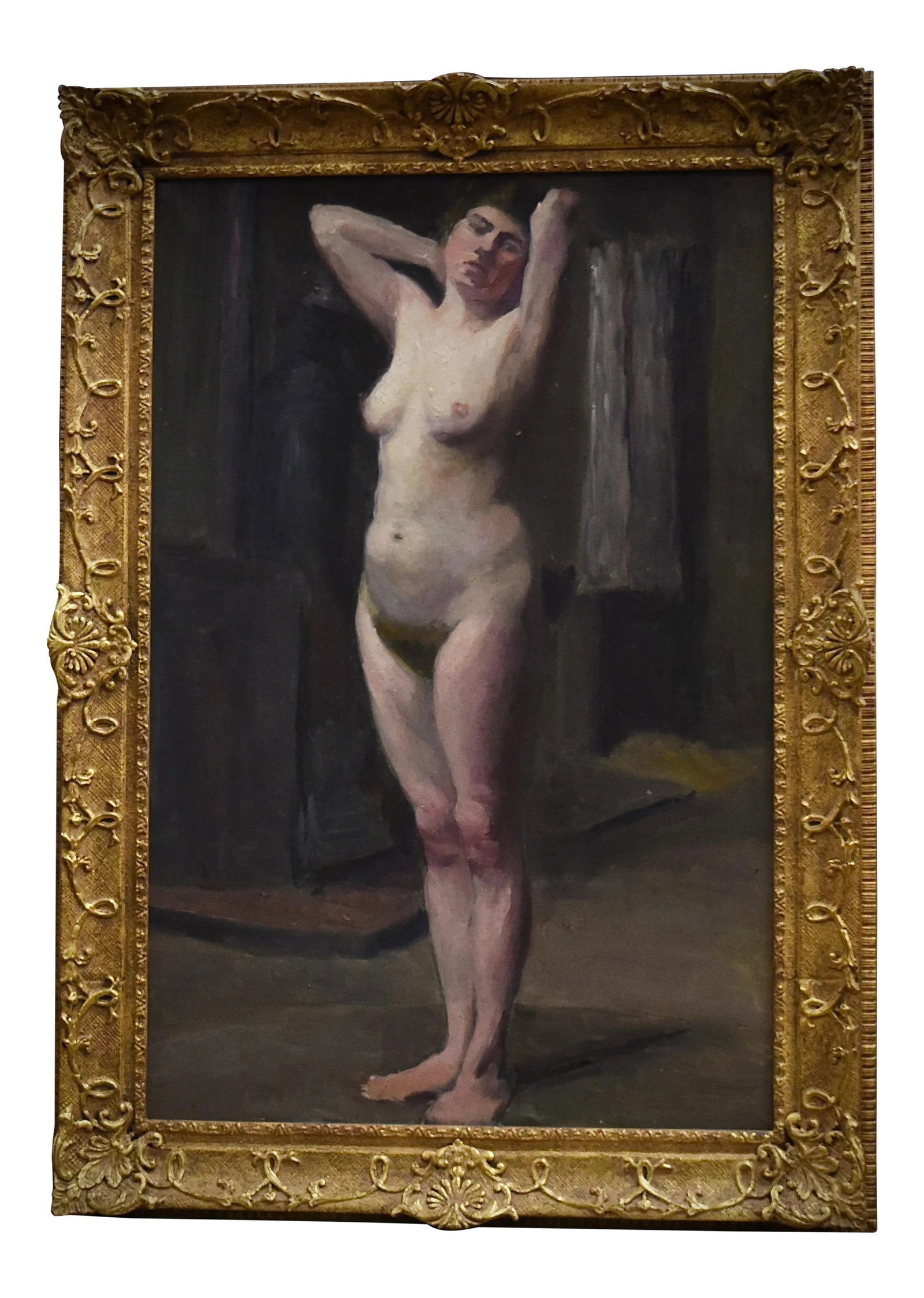 Early 20th C French Nude Portrait Painting: This is an antique French portrait painting of a nude woman. The piece was made in the early 20th century and comes framed. Condition: Alterations: Original Condition Unaltered Imperfections: Some