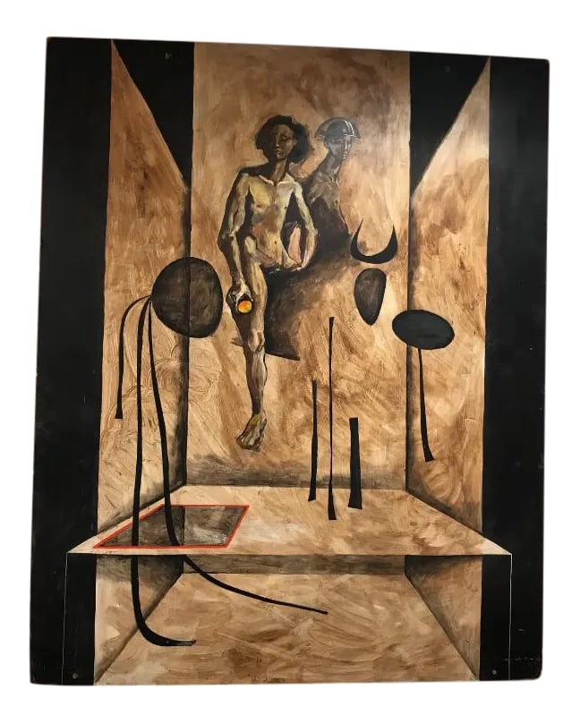 Early 20th Century Antique Surrealist Painting: A unique original piece of Fine Art. This painting is acrylic on board and is done in a Surrealist Style. The artist is unknown ans there are no signatures. The quality of this piece can be seen in