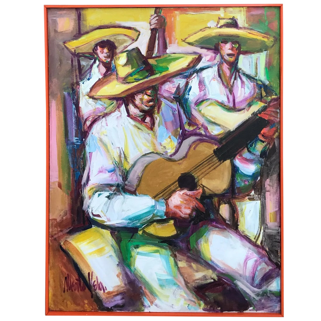 Painting by Alberto Ruiz Vela: Painting by Mexican born Alberto Ruiz Vela. He also worked in Illinois and California.Painting is signed in the lower left portion of painting. Painting measures 31" wide and 41" high. Condition: