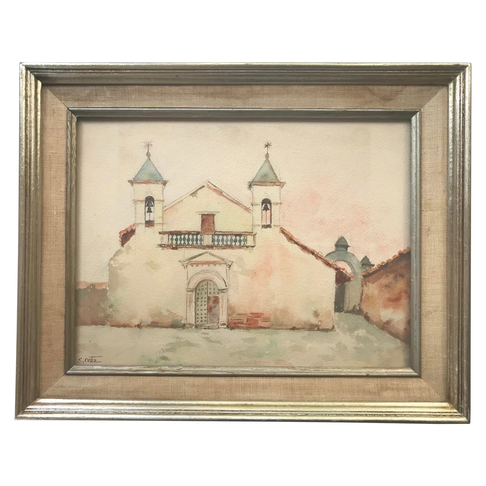 Vintage 1960s Original Watercolor Painting of Spanish Mexican Mission, Signed S. Ortiz, Framed: Measures 15.25 x 12.25, including frame. Beautiful original artwork with original frame, in excellent condition. Circa 1960. This vintage watercolor painting of a Mexican mission or church is a