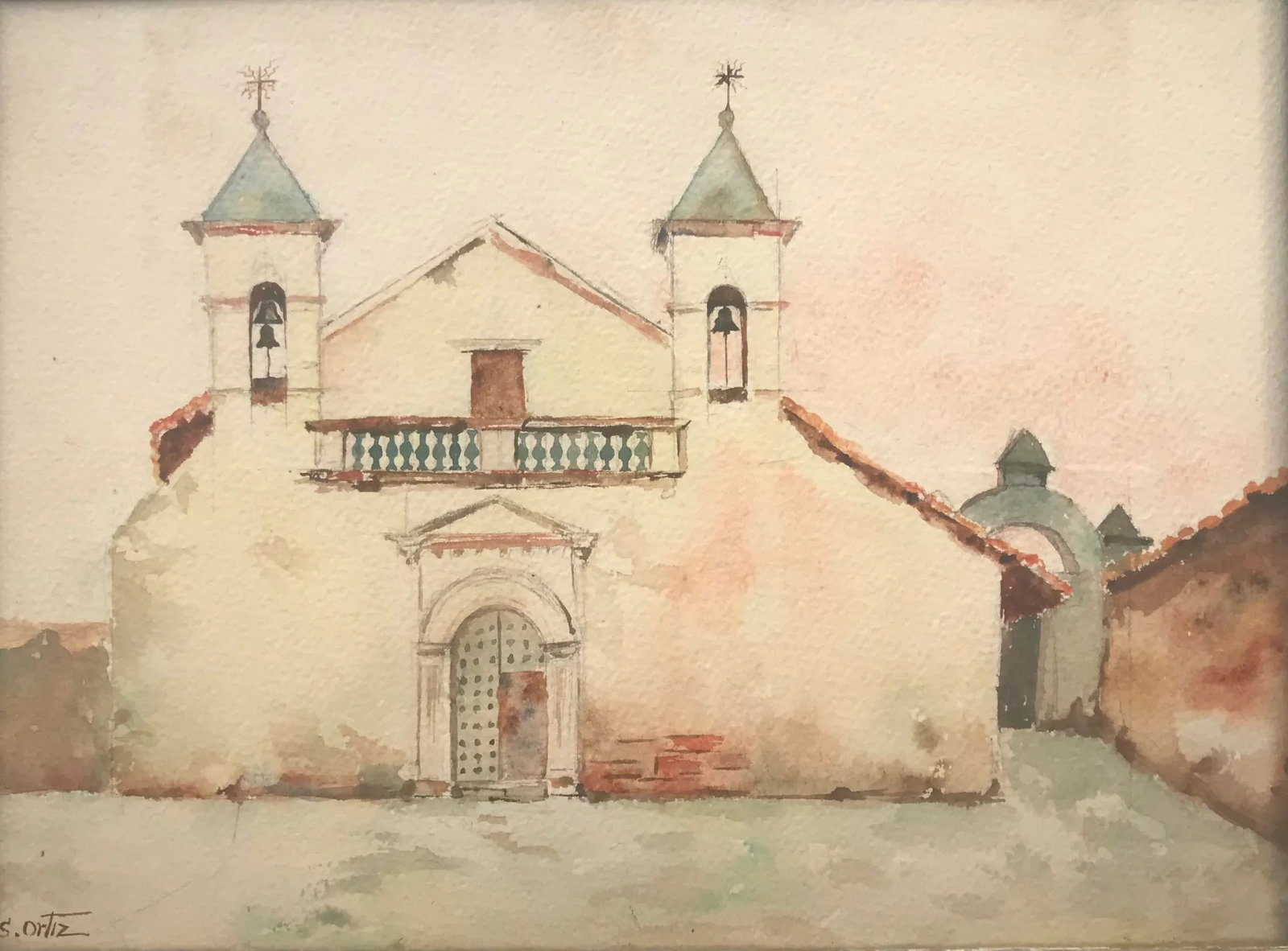 Vintage 1960s Original Watercolor Painting of Spanish Mexican Mission, Signed S. Ortiz, Framed - 2