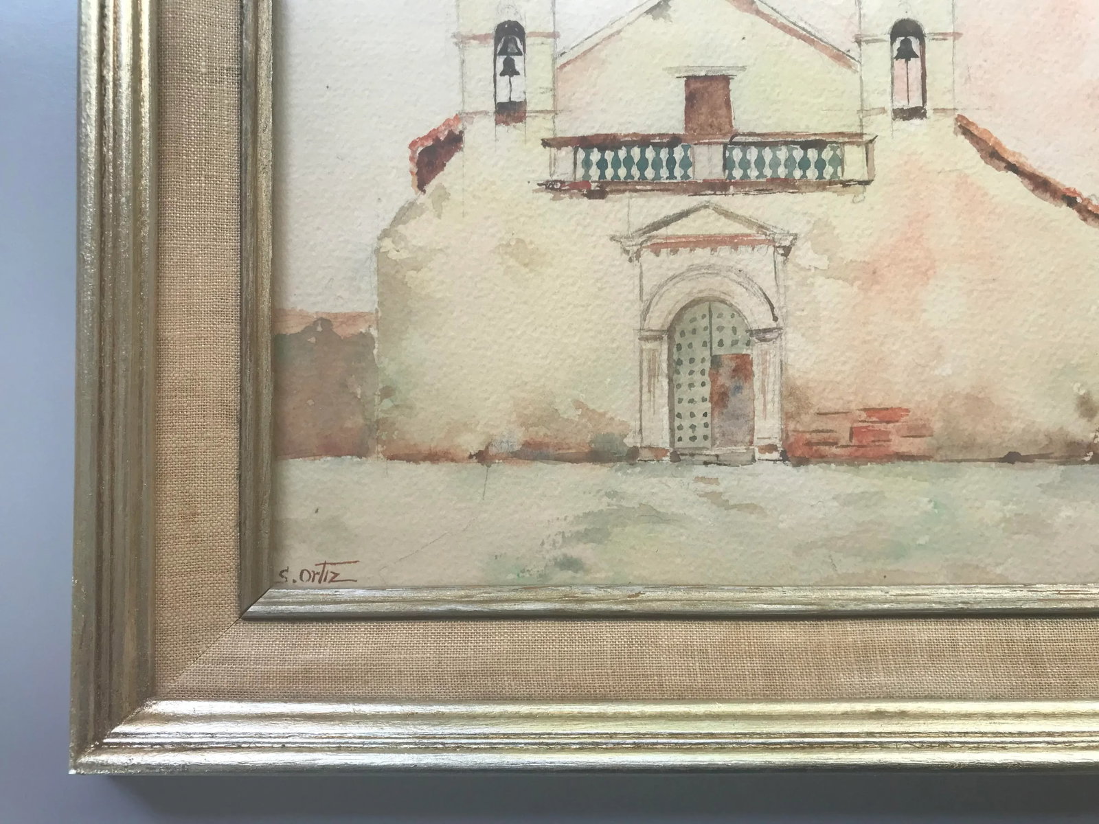 Vintage 1960s Original Watercolor Painting of Spanish Mexican Mission, Signed S. Ortiz, Framed - 3
