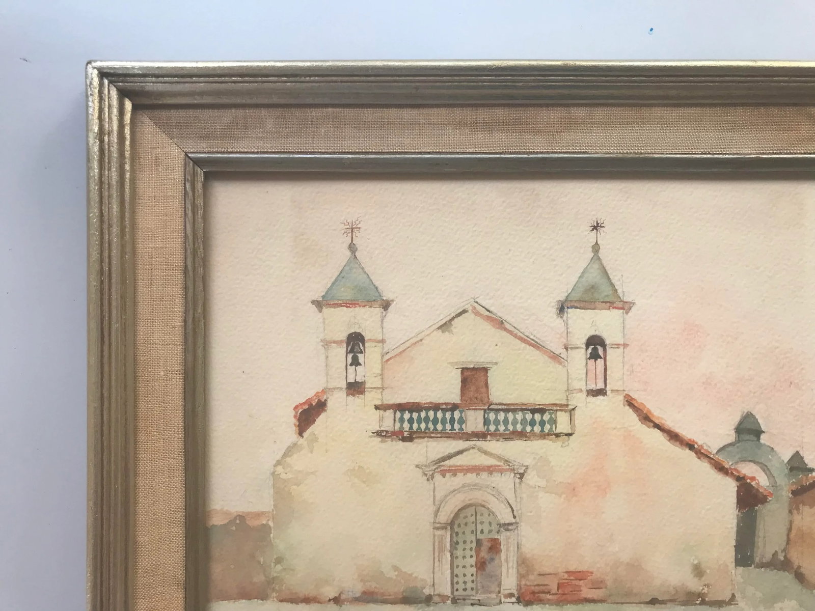 Vintage 1960s Original Watercolor Painting of Spanish Mexican Mission, Signed S. Ortiz, Framed - 4