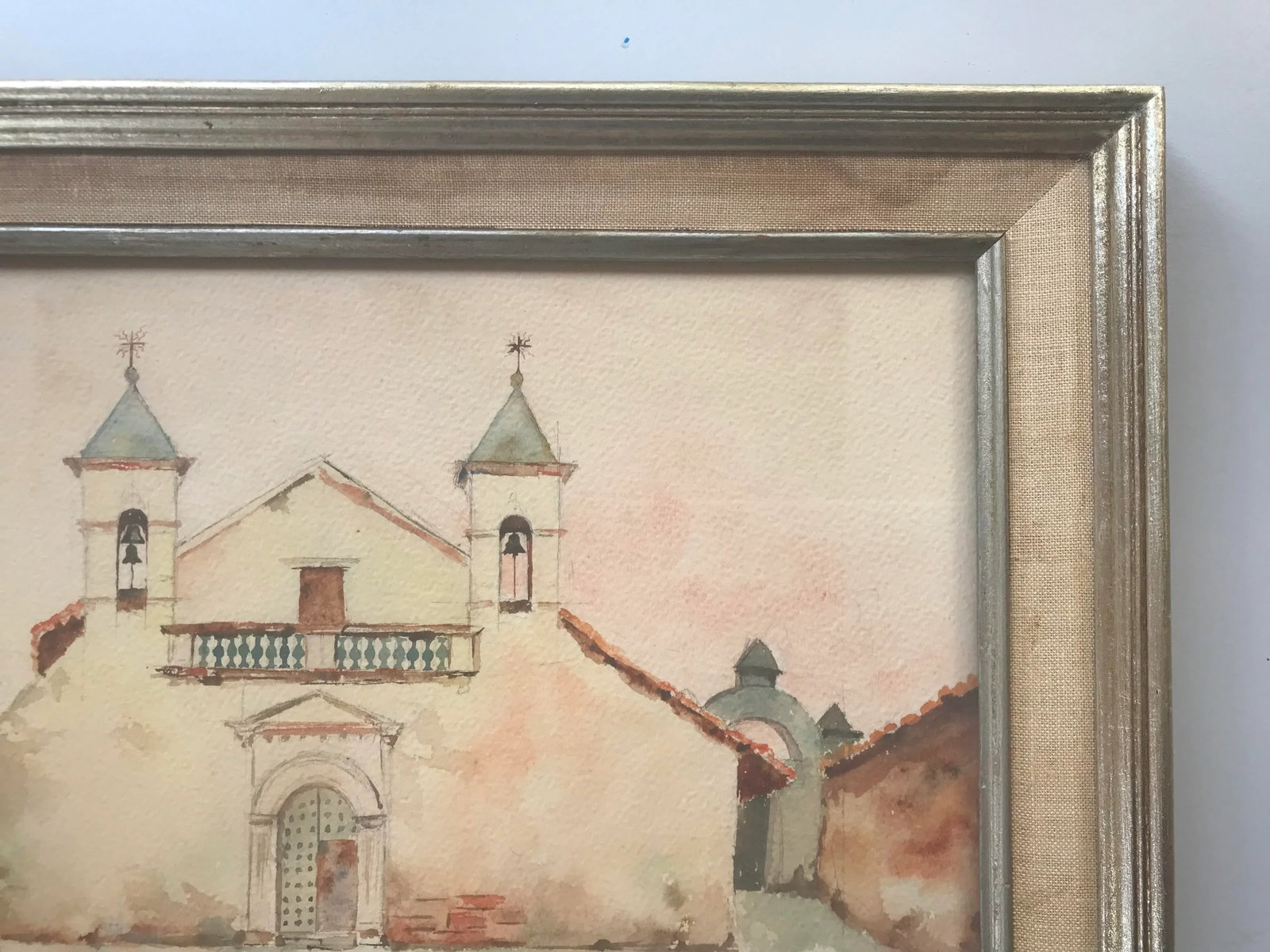 Vintage 1960s Original Watercolor Painting of Spanish Mexican Mission, Signed S. Ortiz, Framed - 5