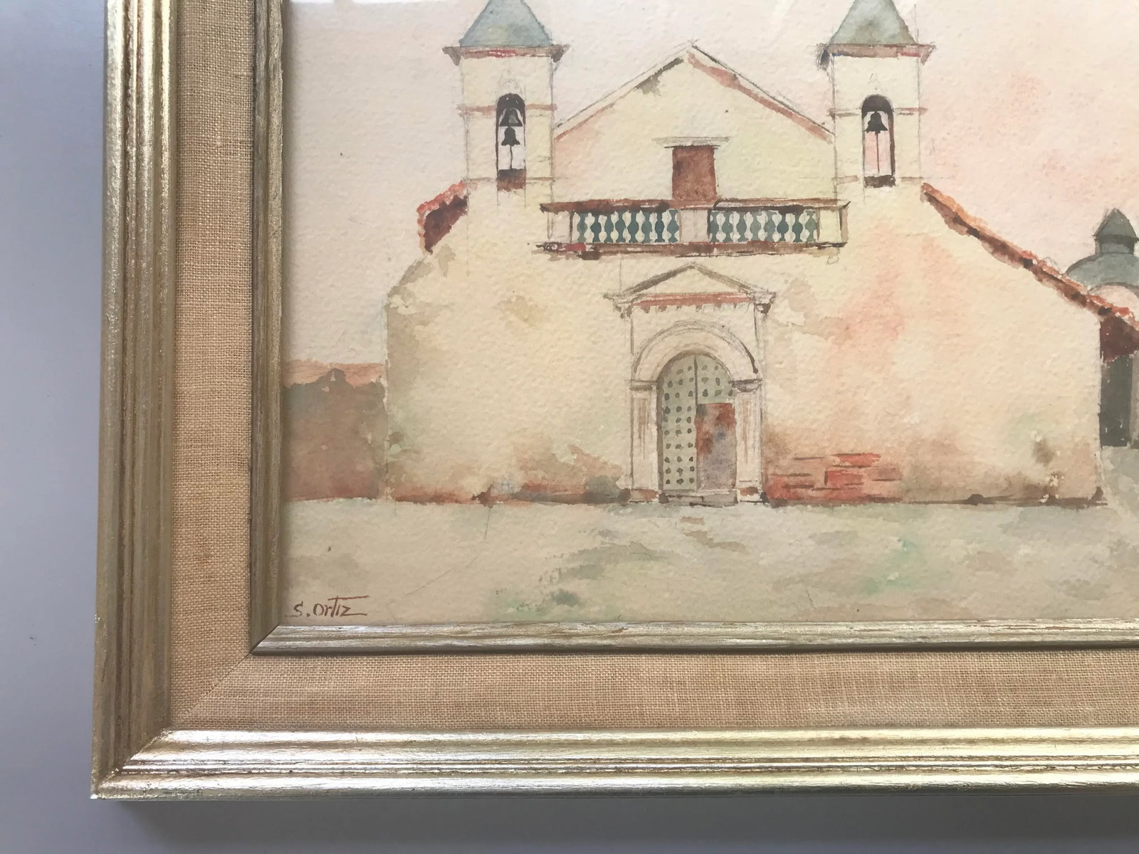 Vintage 1960s Original Watercolor Painting of Spanish Mexican Mission, Signed S. Ortiz, Framed - 6