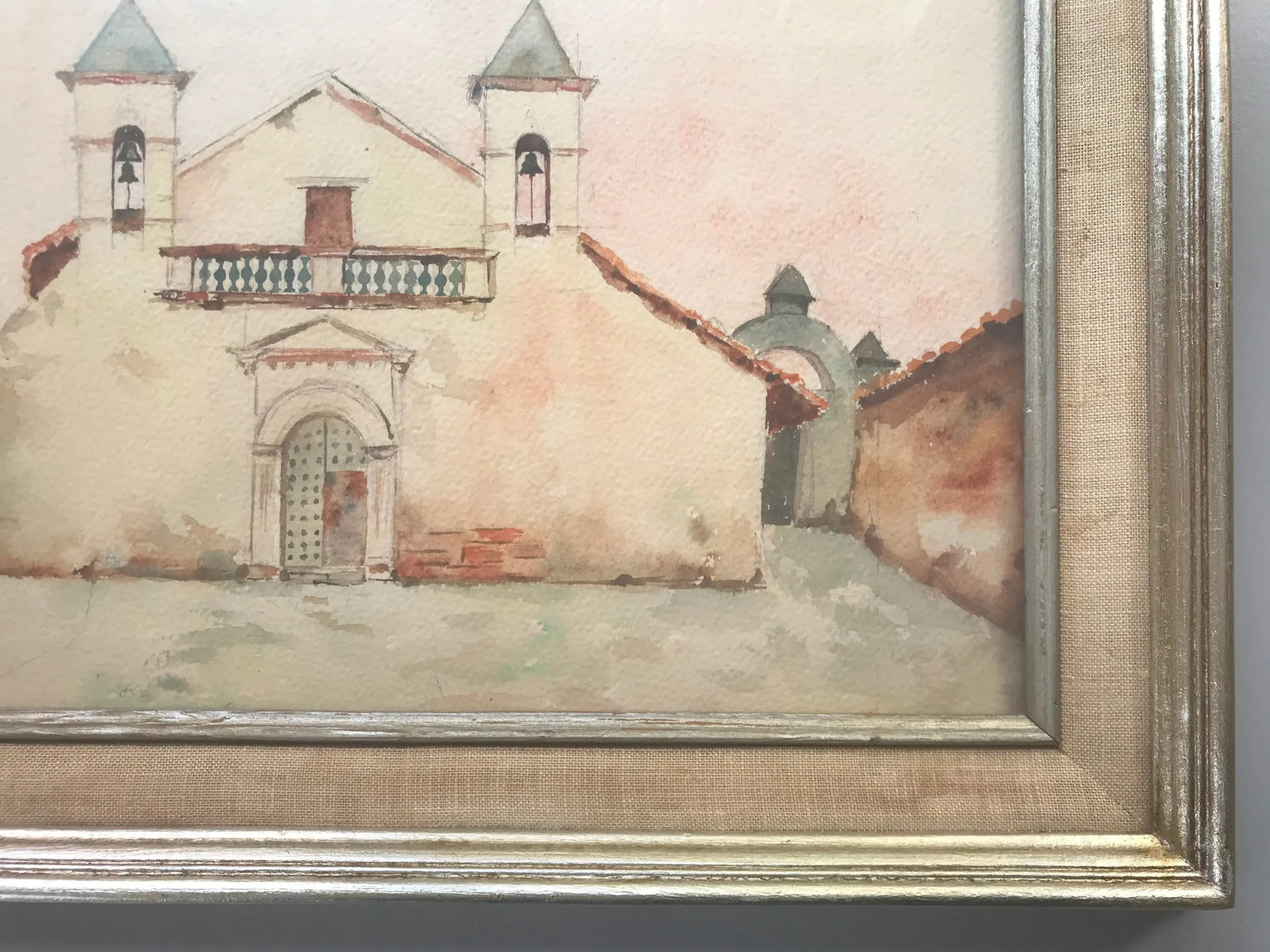 Vintage 1960s Original Watercolor Painting of Spanish Mexican Mission, Signed S. Ortiz, Framed - 7