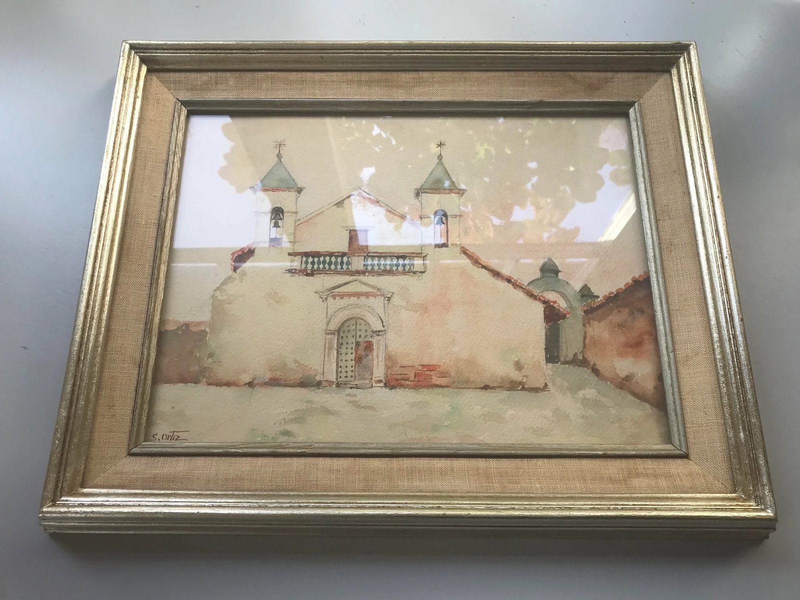 Vintage 1960s Original Watercolor Painting of Spanish Mexican Mission, Signed S. Ortiz, Framed - 8