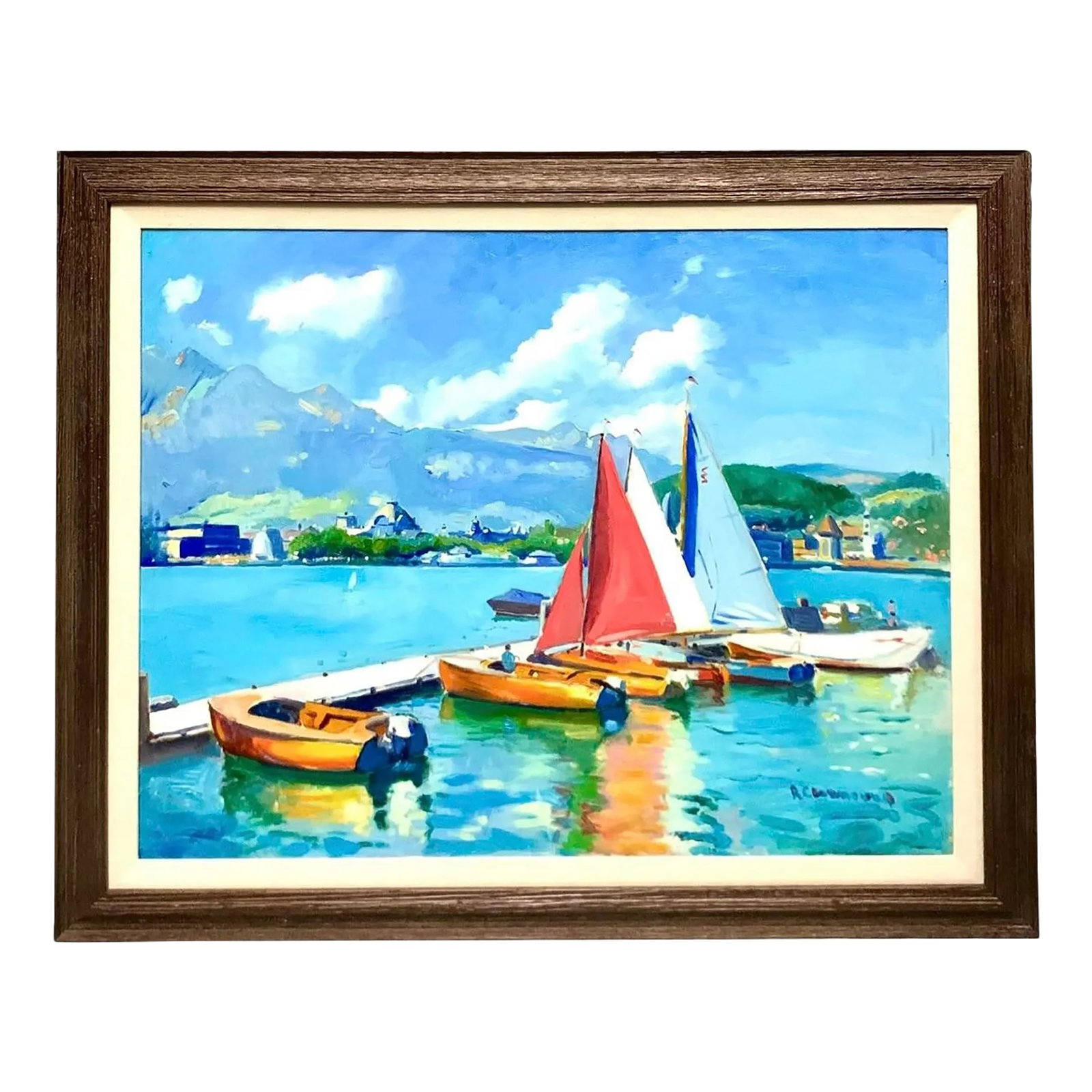 Late 20th Century Vintage Large Acrylic Signed Painting Sailboats by Port in Spain on Summer Day for: This is a large vintage acrylic painting of a sailboat by a port in Spain on a nice summer day. The nautical-themed artwork depicts the seaside and is perfect for adding a touch of nature to any