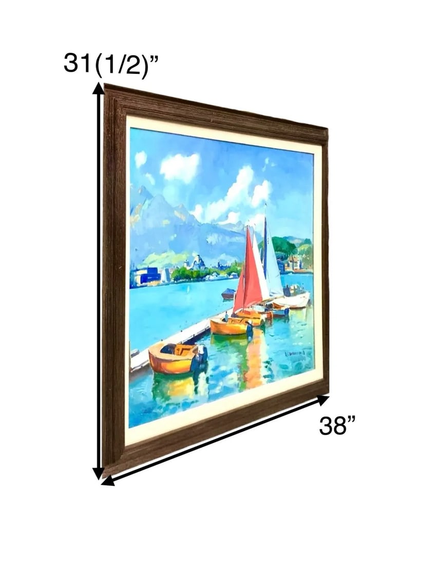Late 20th Century Vintage Large Acrylic Signed Painting Sailboats by Port in Spain on Summer Day for - 2