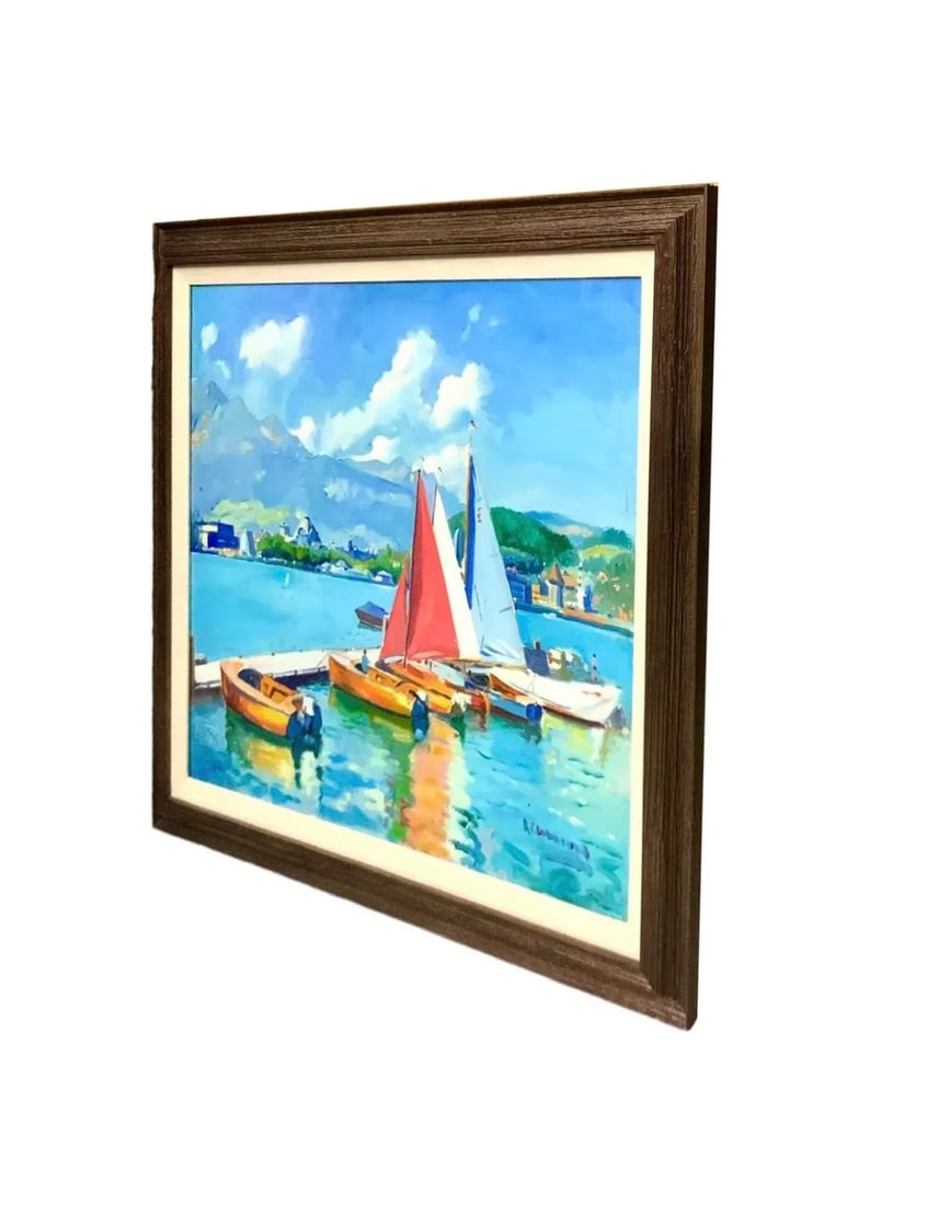 Late 20th Century Vintage Large Acrylic Signed Painting Sailboats by Port in Spain on Summer Day for - 3