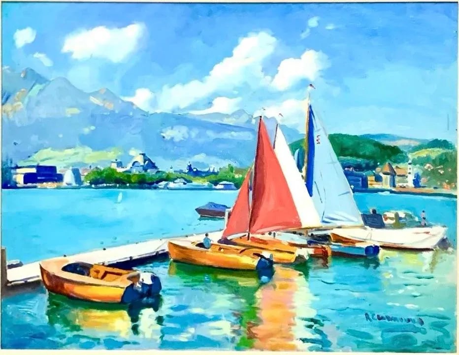 Late 20th Century Vintage Large Acrylic Signed Painting Sailboats by Port in Spain on Summer Day for - 4