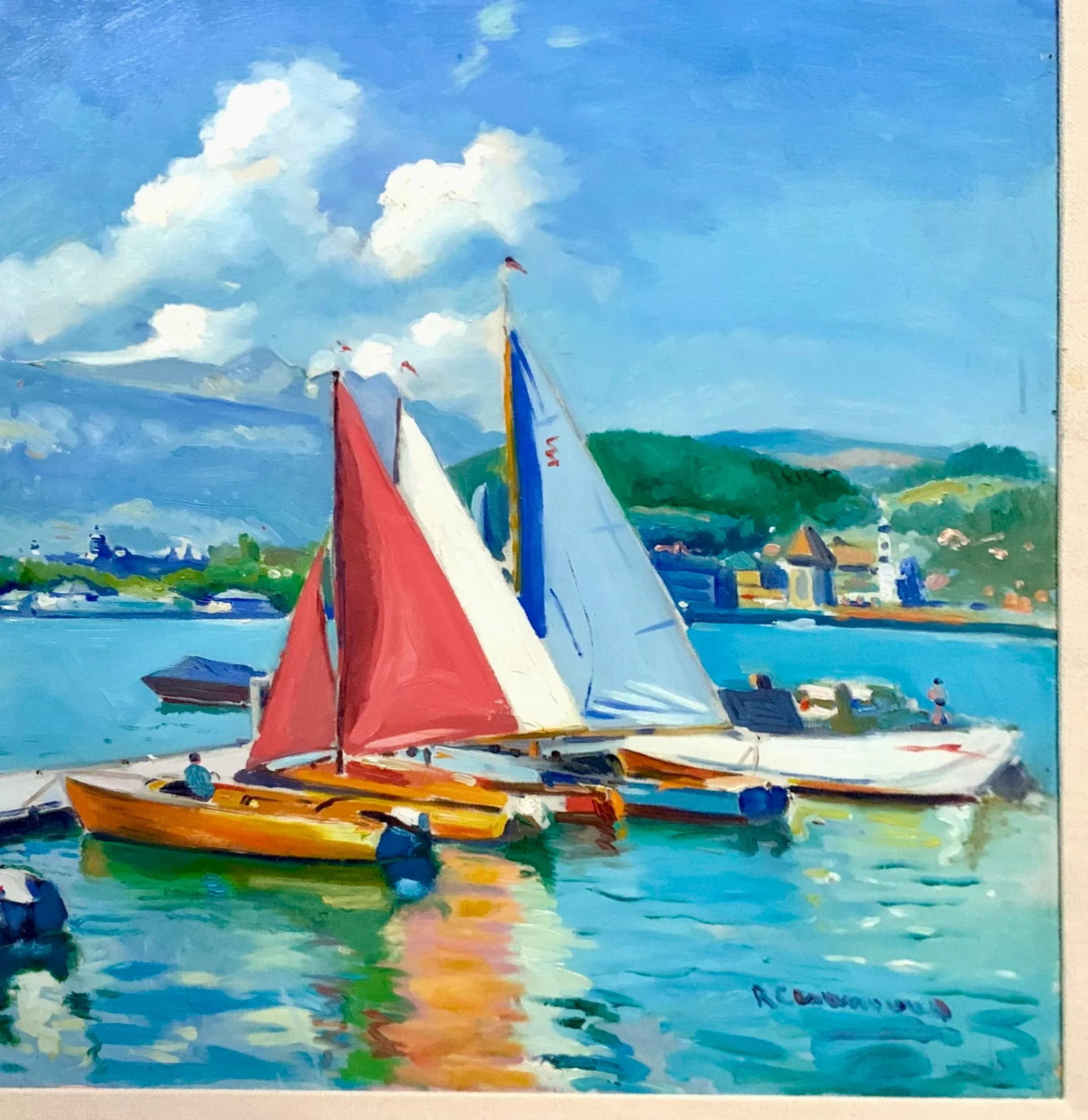 Late 20th Century Vintage Large Acrylic Signed Painting Sailboats by Port in Spain on Summer Day for - 5