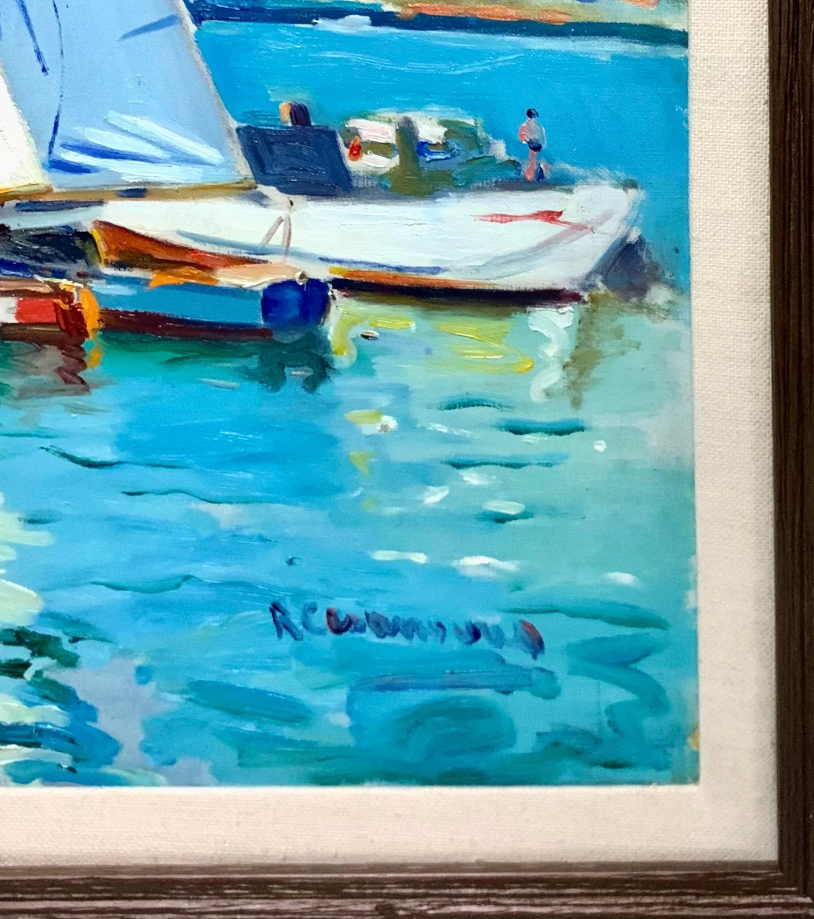Late 20th Century Vintage Large Acrylic Signed Painting Sailboats by Port in Spain on Summer Day for - 6
