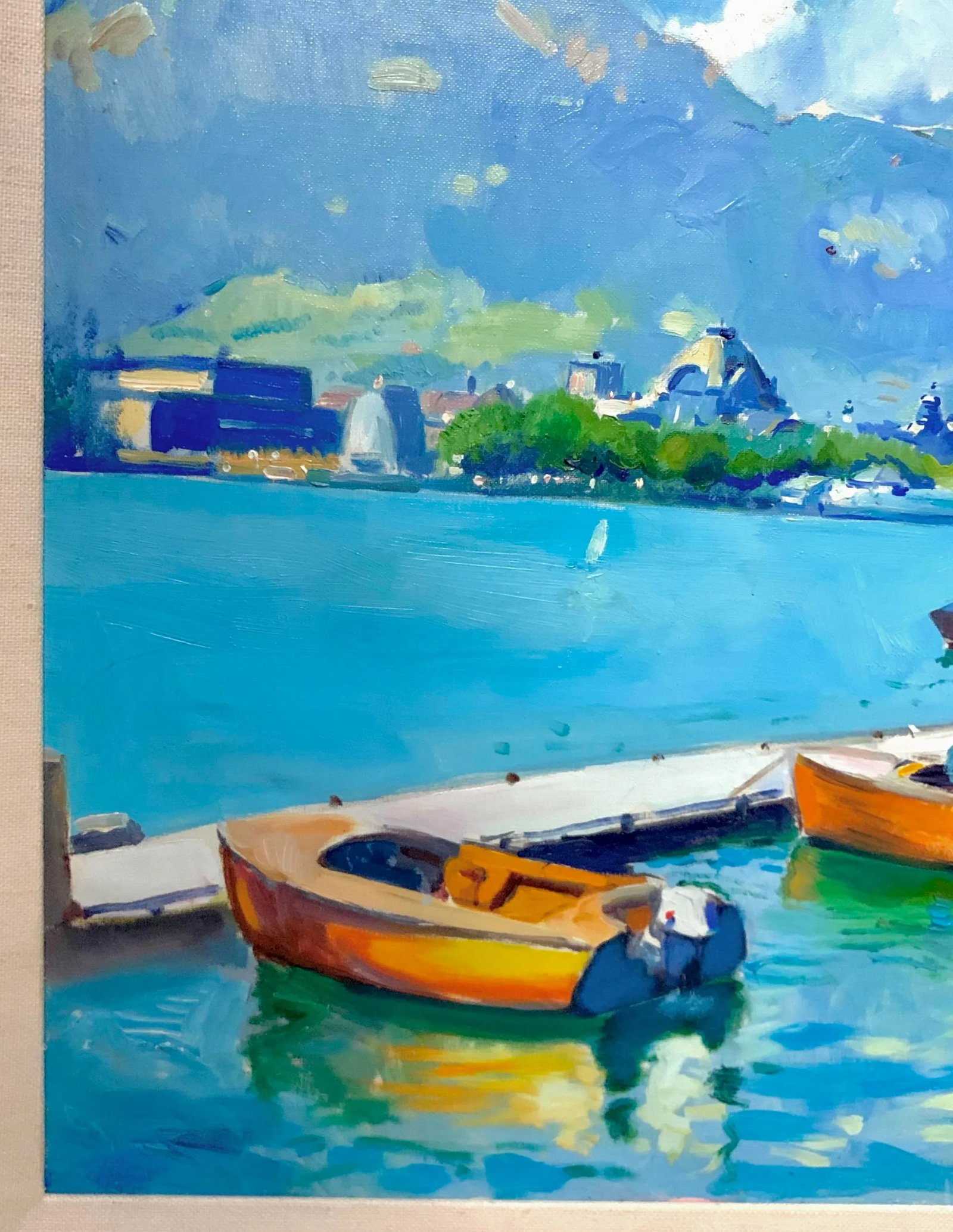 Late 20th Century Vintage Large Acrylic Signed Painting Sailboats by Port in Spain on Summer Day for - 7