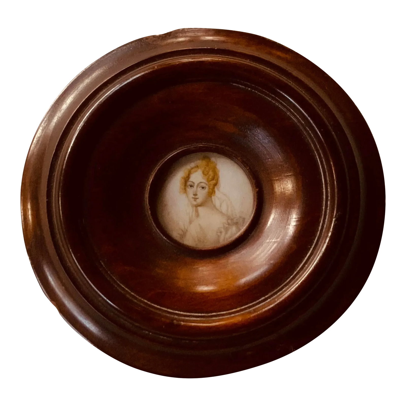 Early American Federal Portrait Miniature, Oil on Bone Canvas, Original Roundel Frame, Circa 1830: She is five inches across. She has been the most interesting thing in every room she has ever inhabited. This exquisite Federal period portrait miniature - oil on bone canvas, in its original