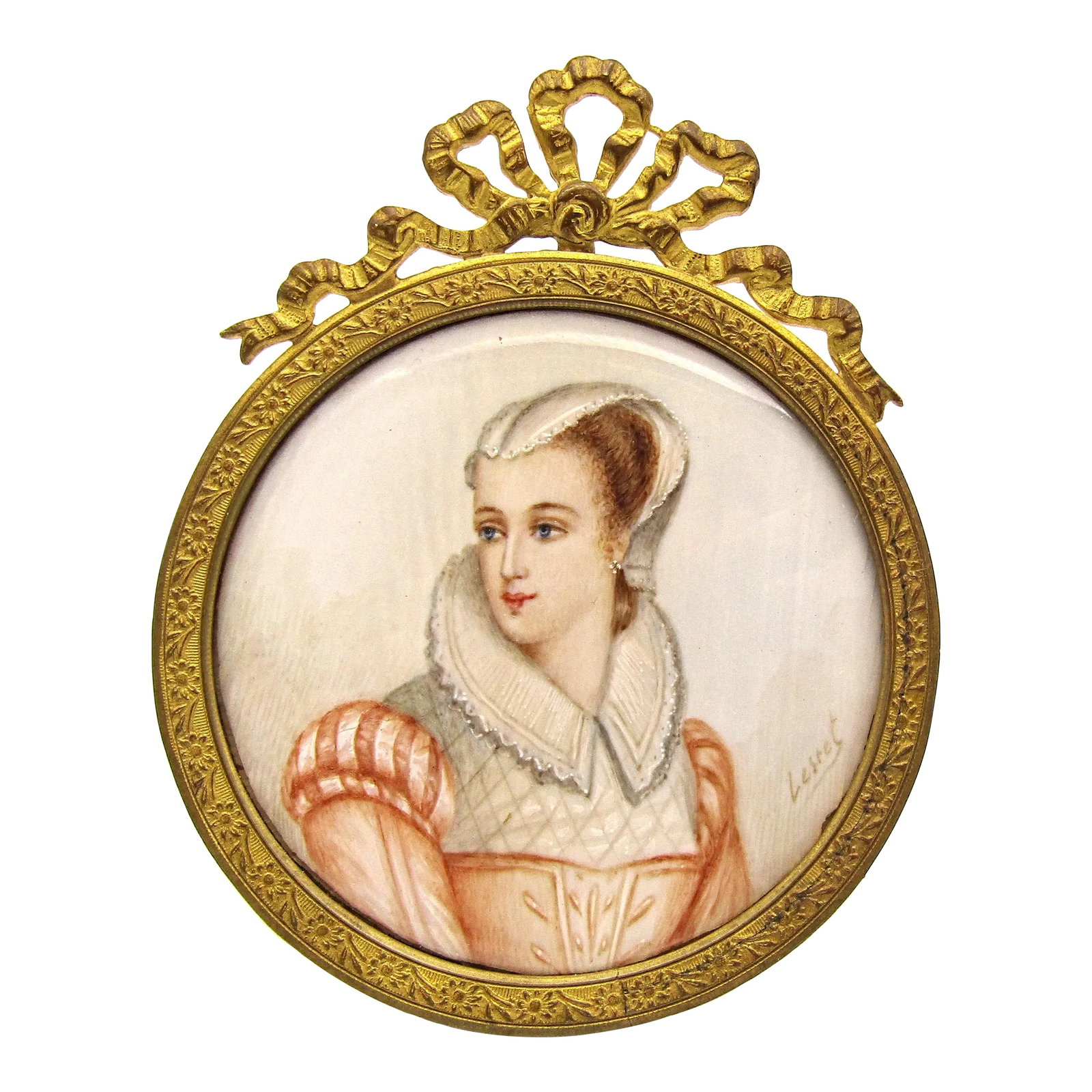 Mid 19th Century Miniature Portrait Madame Stuart by Adolphe Alexandre Lesrel, Framed: This is a wonderful miniature portrait on thin wafer. It is of Madame Stuart signed and painted by Adolphe Alexandre Lesrel. On the back of the frame they wrote Lesret but it is Lesrel. We have