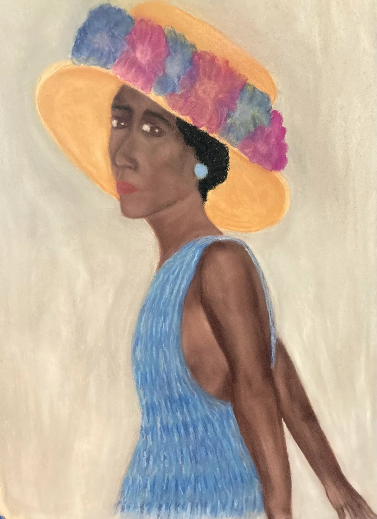 Lady in the Blue Dress Original Folk Art Pastel Portrait Painting - 2
