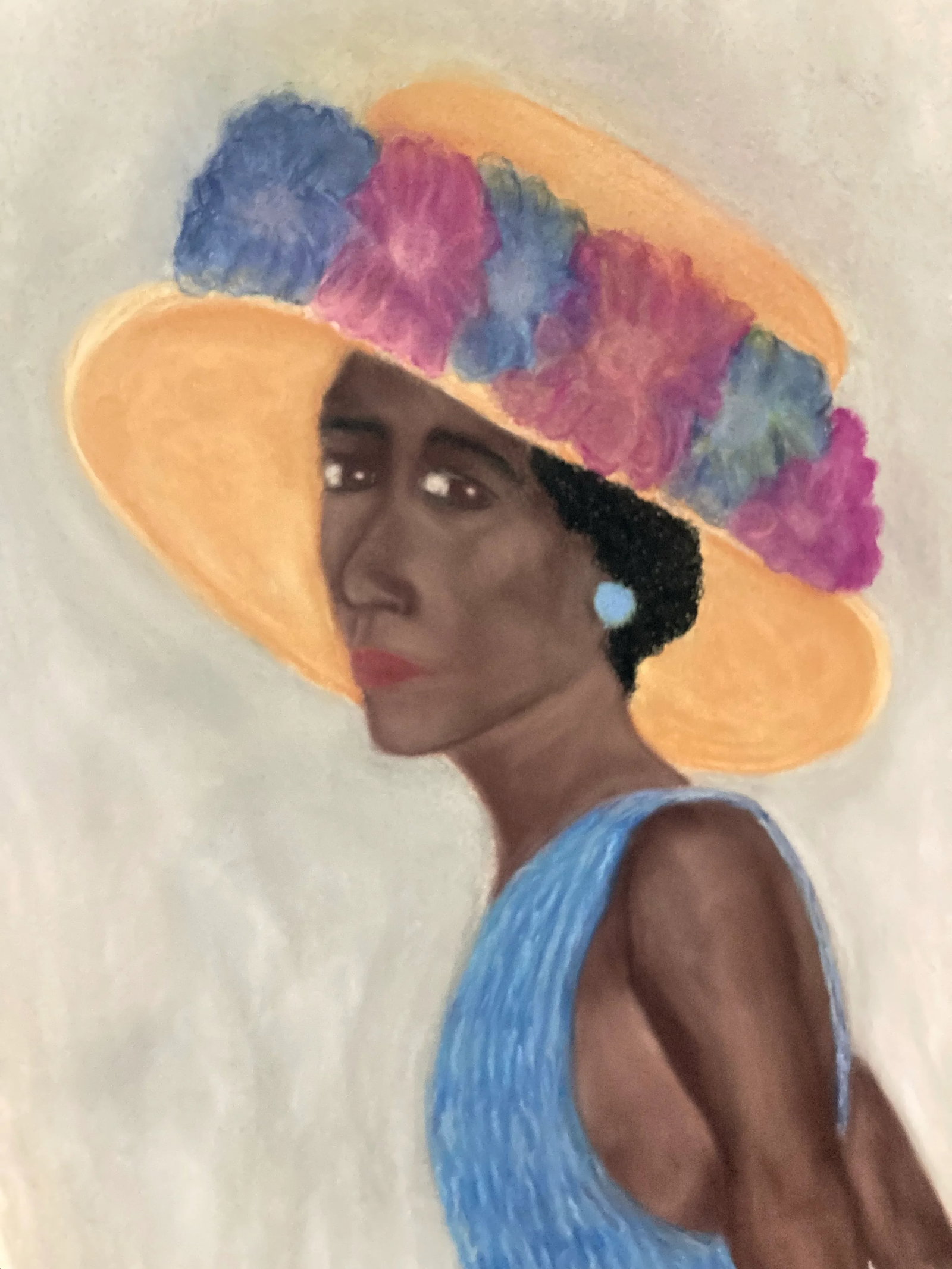 Lady in the Blue Dress Original Folk Art Pastel Portrait Painting - 3