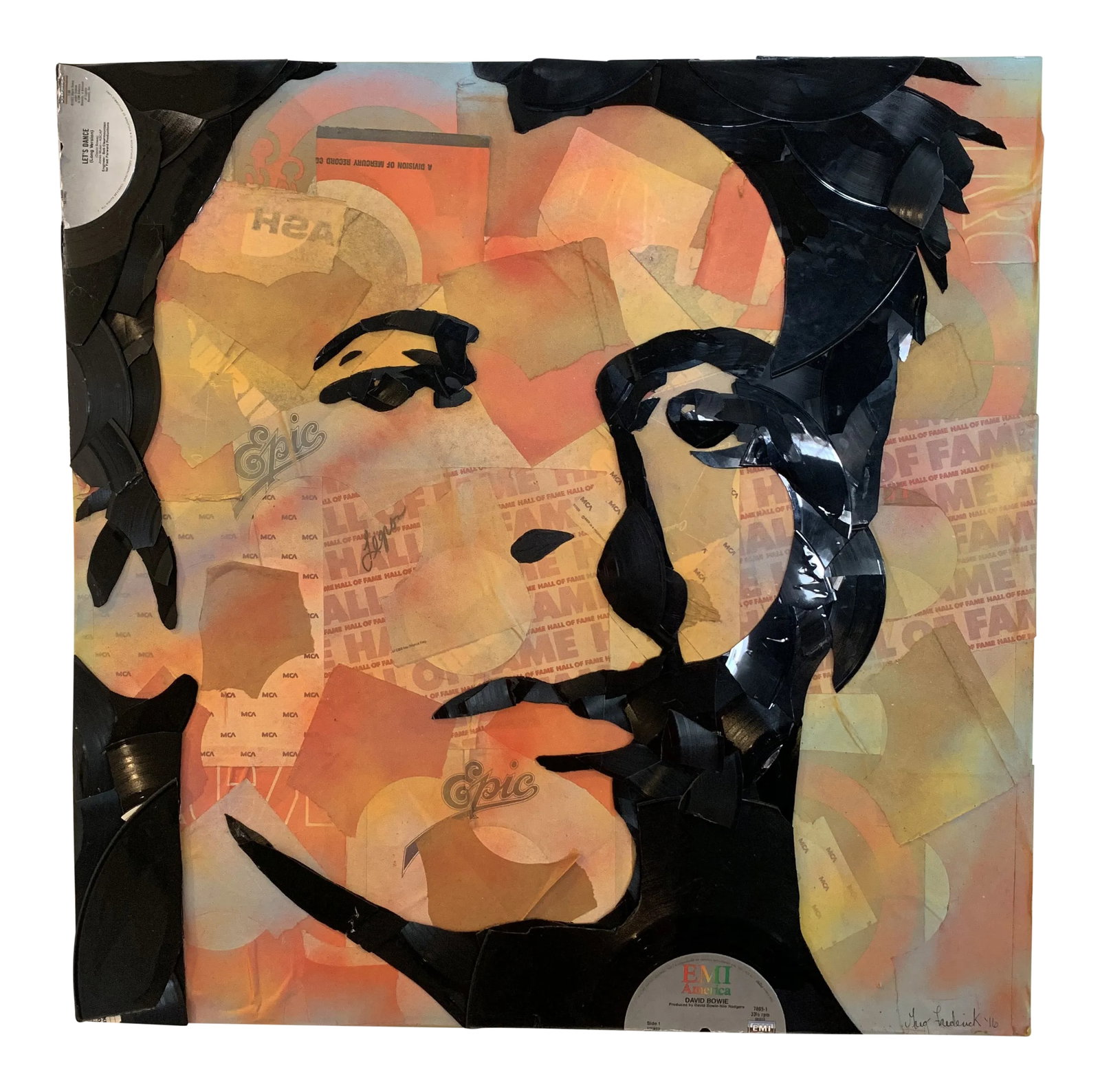 David Bowie Portrait Record Collage: Fantastic and amazing portrait of David Bowie by Brooklyn, NY based artist Greg Frederick. Collage is made from actual David Bowie record albums and cover parts. Homage to a most talented musician. On