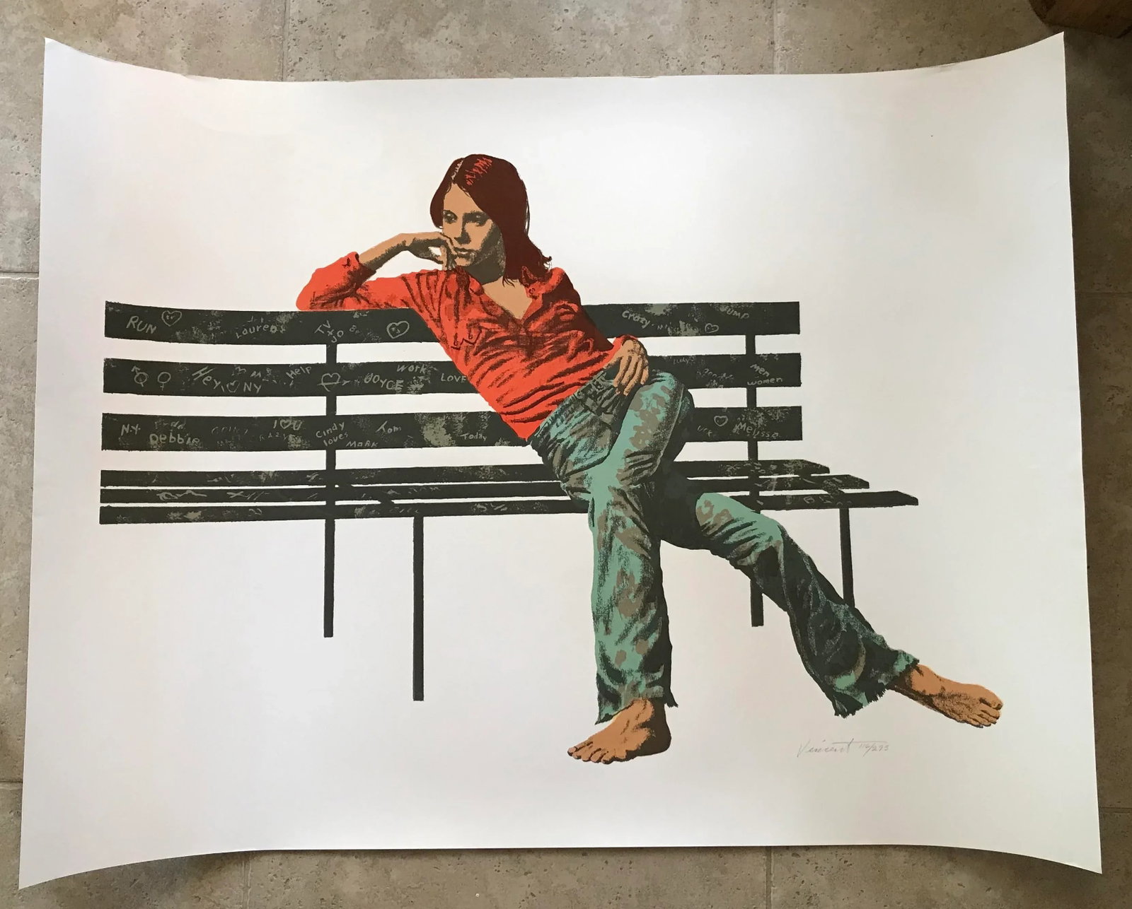 1977 Woman on a Bench Silkscreen Print Signed by Bertha Vincent Walls - 5