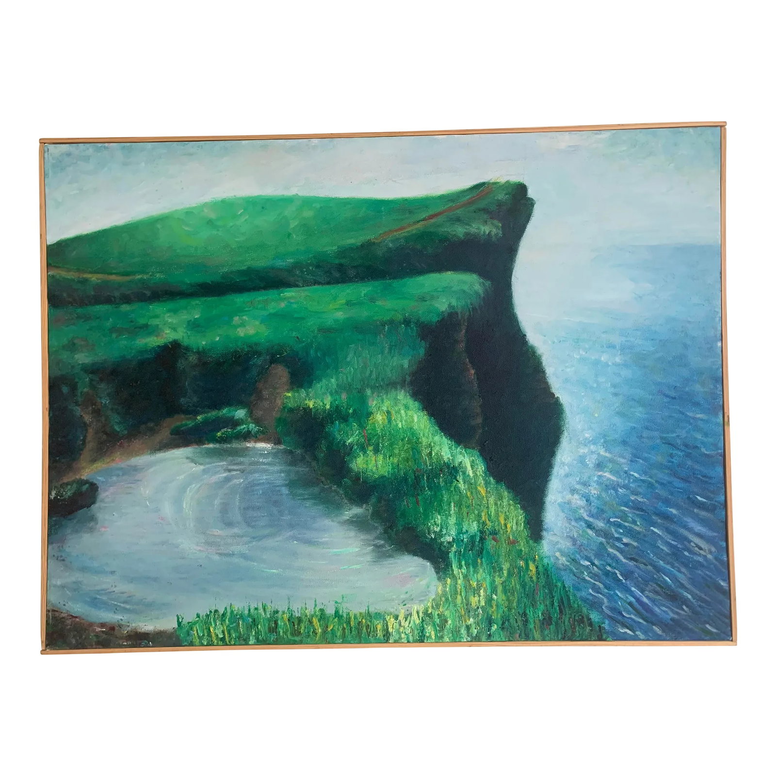 Landscape Painting, Highlander Scottish Plains, Framed: A landscape painting signed by the artist of a cliff that feels as if it could be the Scottish Highlands, Skye island, Trotternish or Loch Ness. Post impressionist water and a view beyond imaginary Me