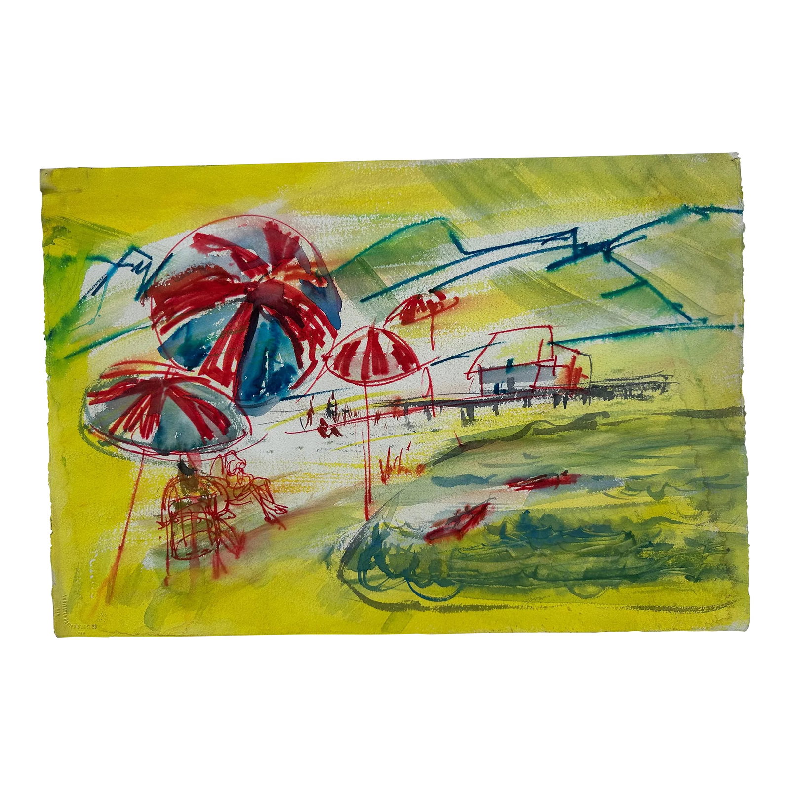 Brilliant Beach Watercolor: This is such a cool and unusually colored piece depicting beachgoers under umbrellas at the shoreline, with huts or cabanas and hills in the background. It has a mid-century vibe but still feels