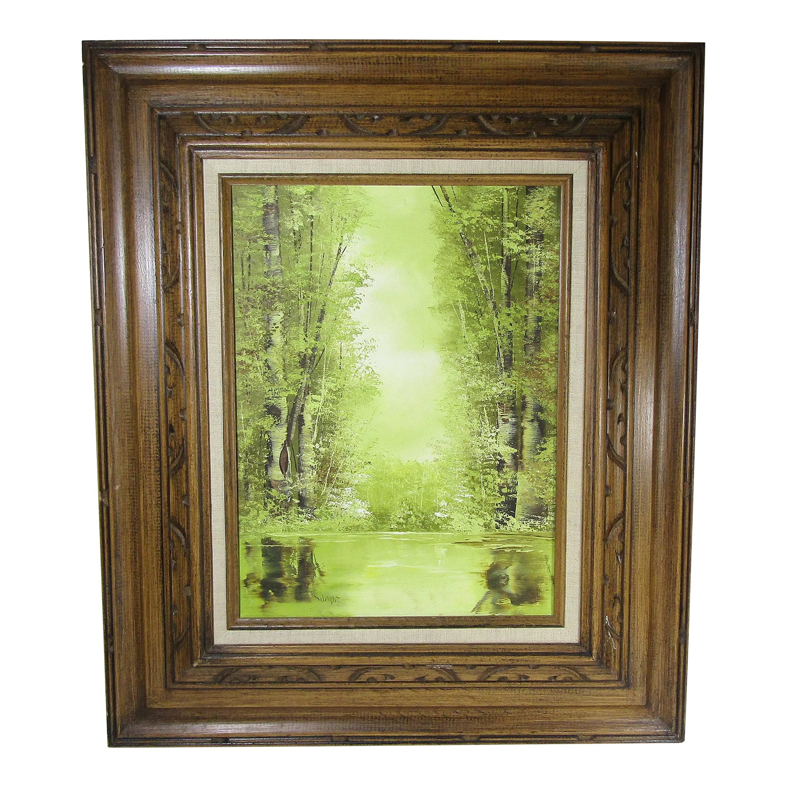 Serene Green - Vintage Oil Painting by Jo Ann Wright, Listed Texas Artist - Forest Trees With Water: Immerse yourself in the tranquil beauty of this Vintage Oil Painting by renowned Texas artist Jo Ann Wright (1930 - 2017). Capturing a picturesque landscape of forest trees with a serene water scene,