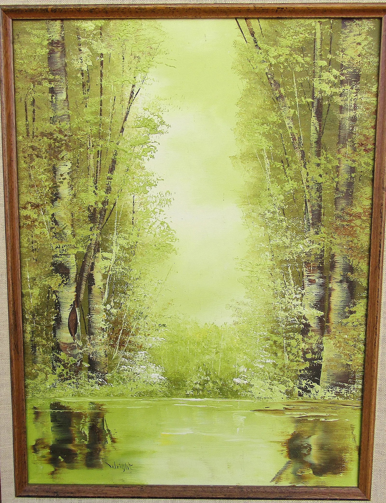 Serene Green - Vintage Oil Painting by Jo Ann Wright, Listed Texas Artist - Forest Trees With Water - 2