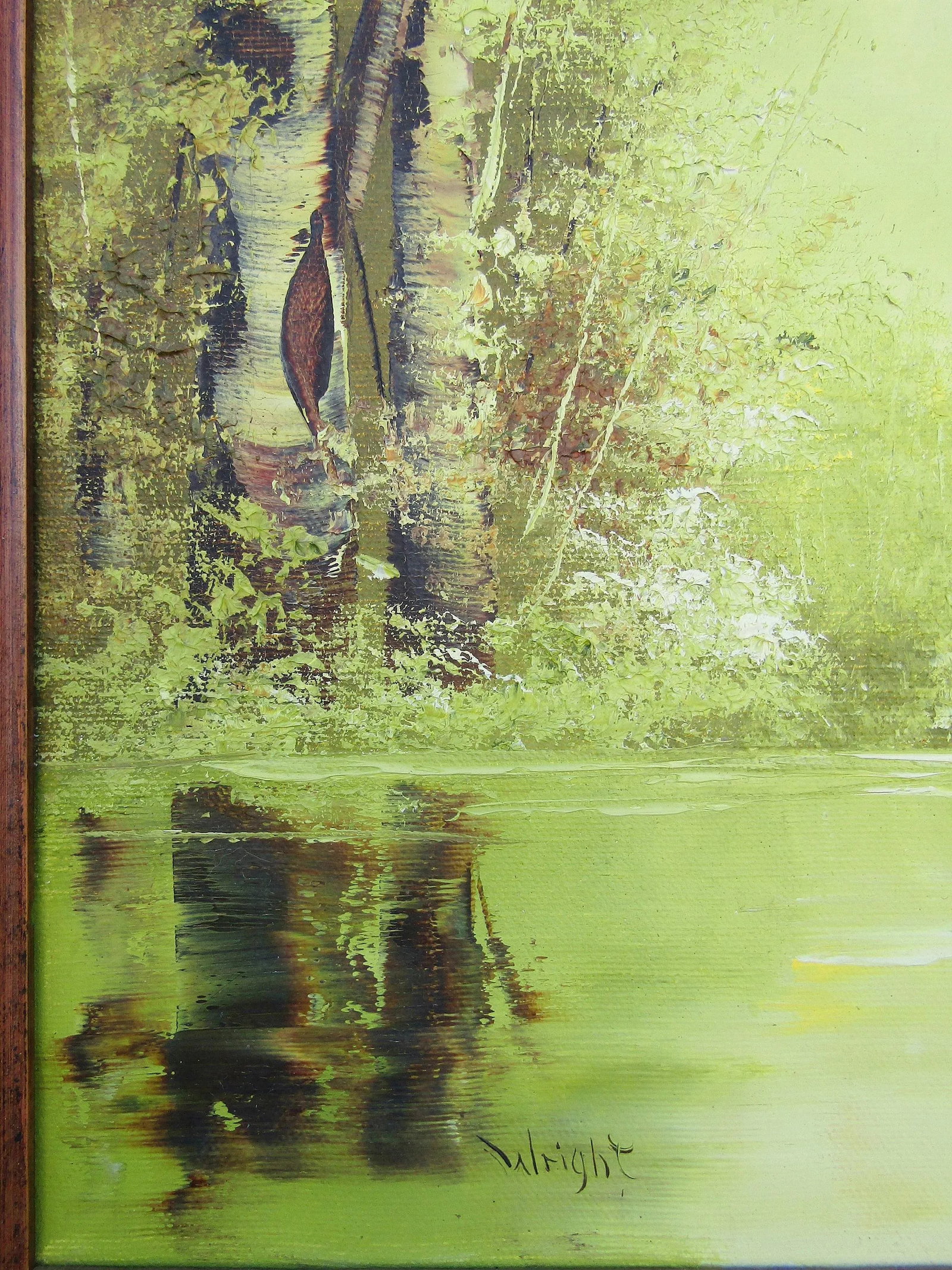 Serene Green - Vintage Oil Painting by Jo Ann Wright, Listed Texas Artist - Forest Trees With Water - 3